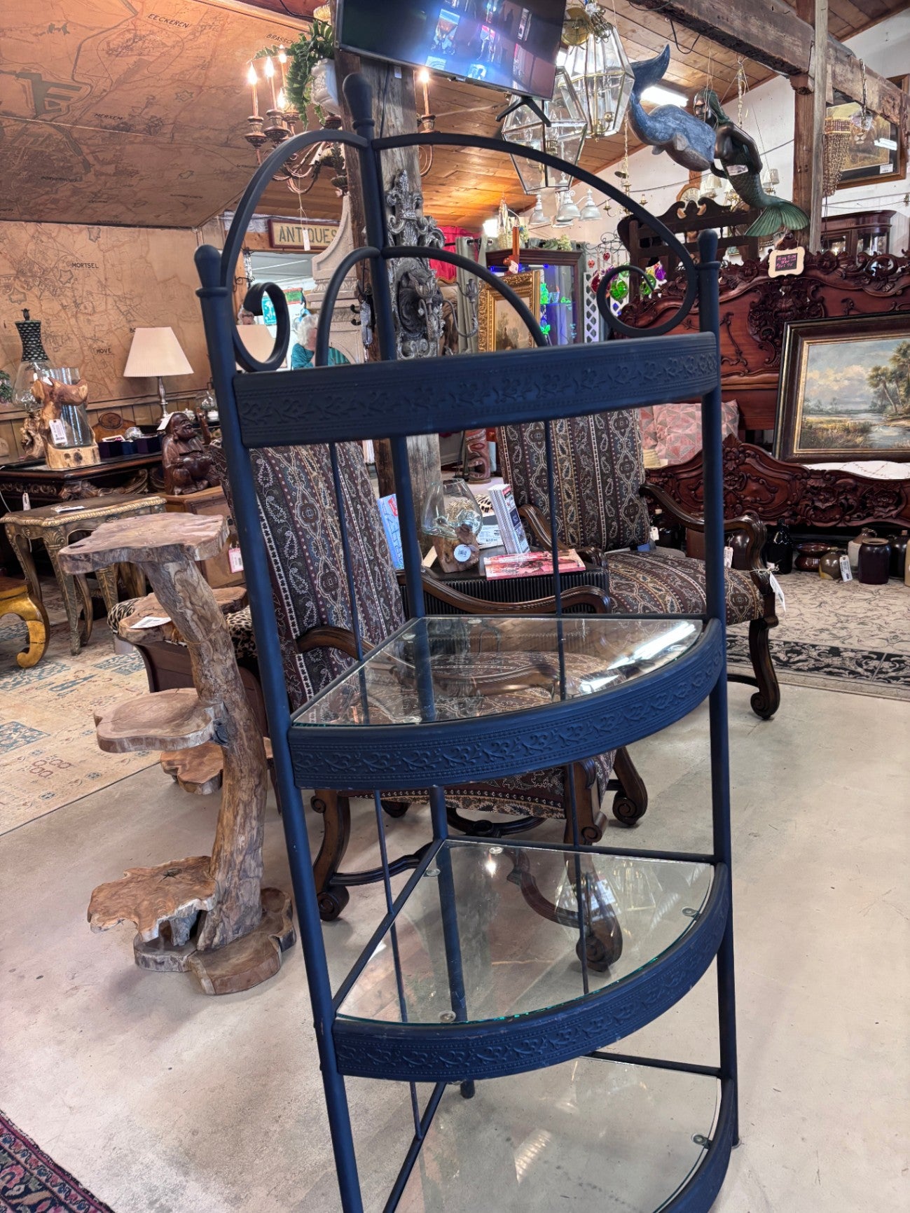 Black metal and glass 3-tier corner shelf unit Bakers Rack