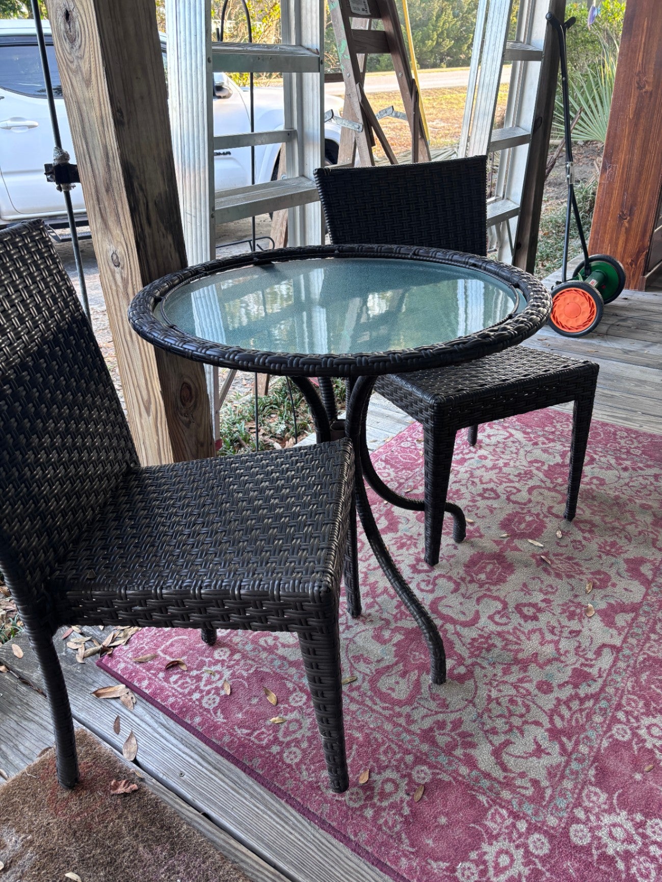 Wicker Glass Table and 2 chairs