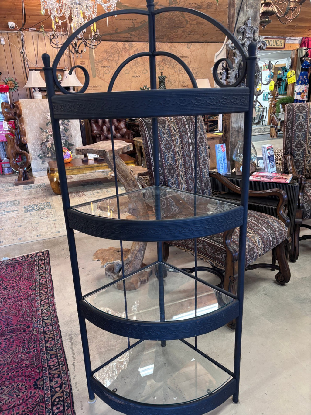 Black metal and glass 3-tier corner shelf unit Bakers Rack