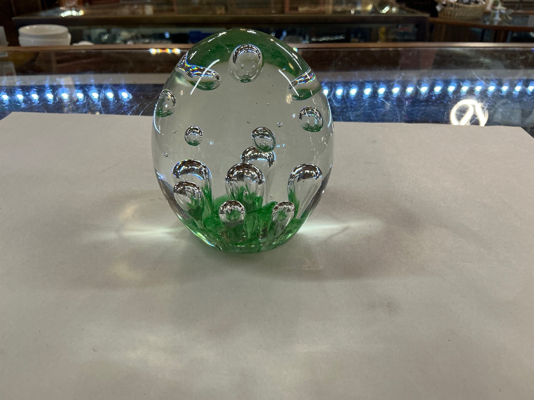 Vintage Art Glass Controlled Bubble Egg-Form Paperweight with Green Base