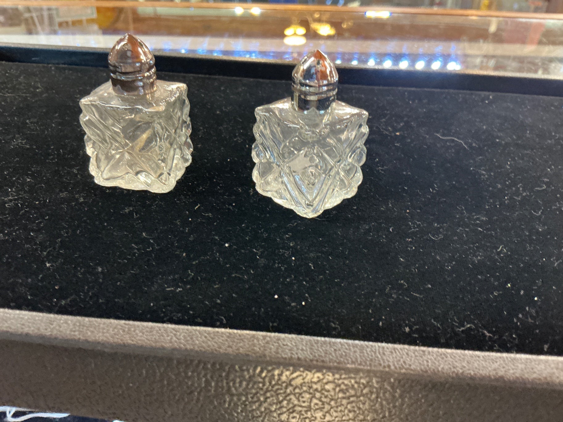 Pair of Vintage Pressed Glass Salt and Pepper Shakers with Metal Lids
