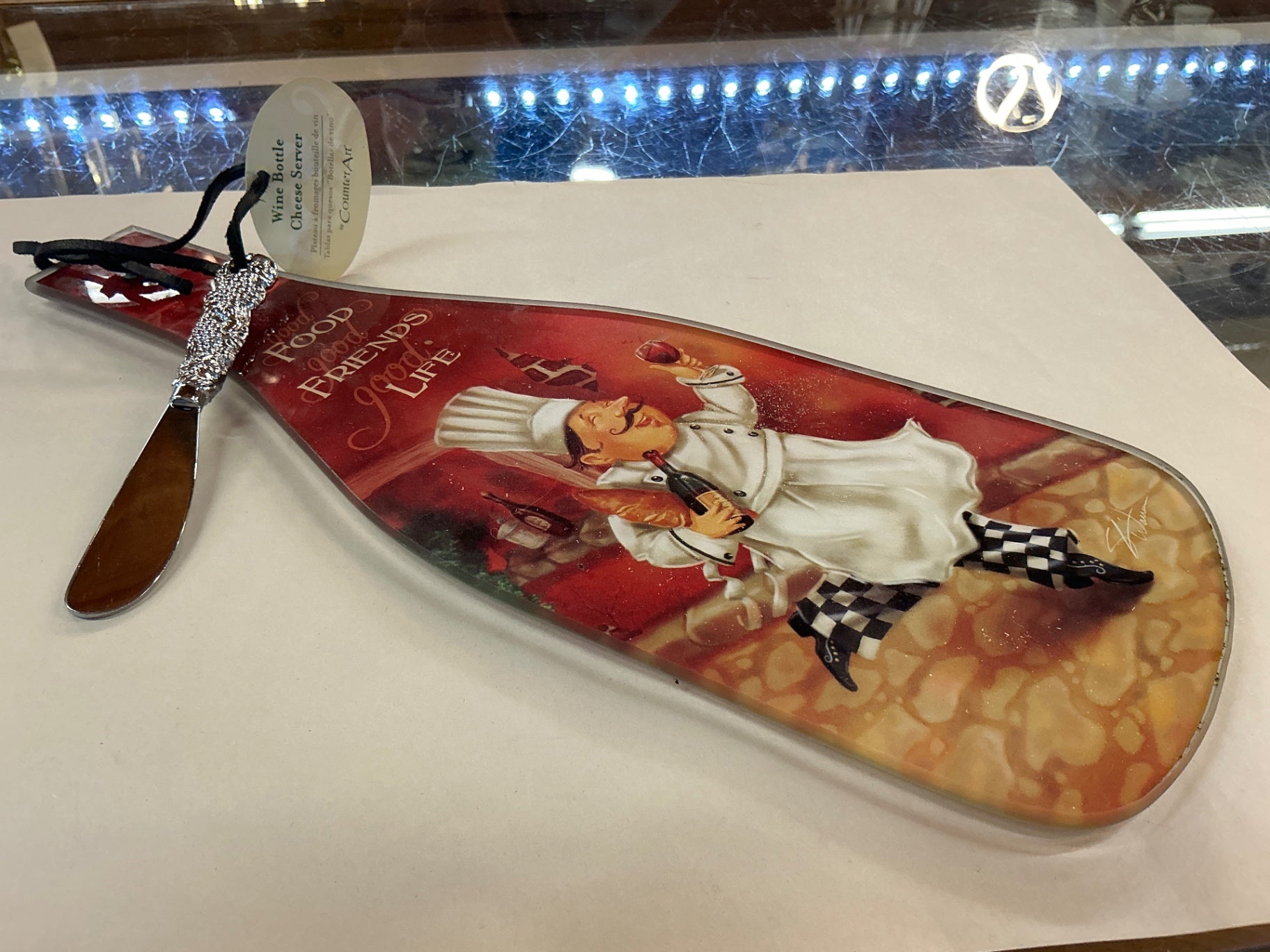 Wine Bottle–Shaped Cheese Board with Chef Illustration and Spreader