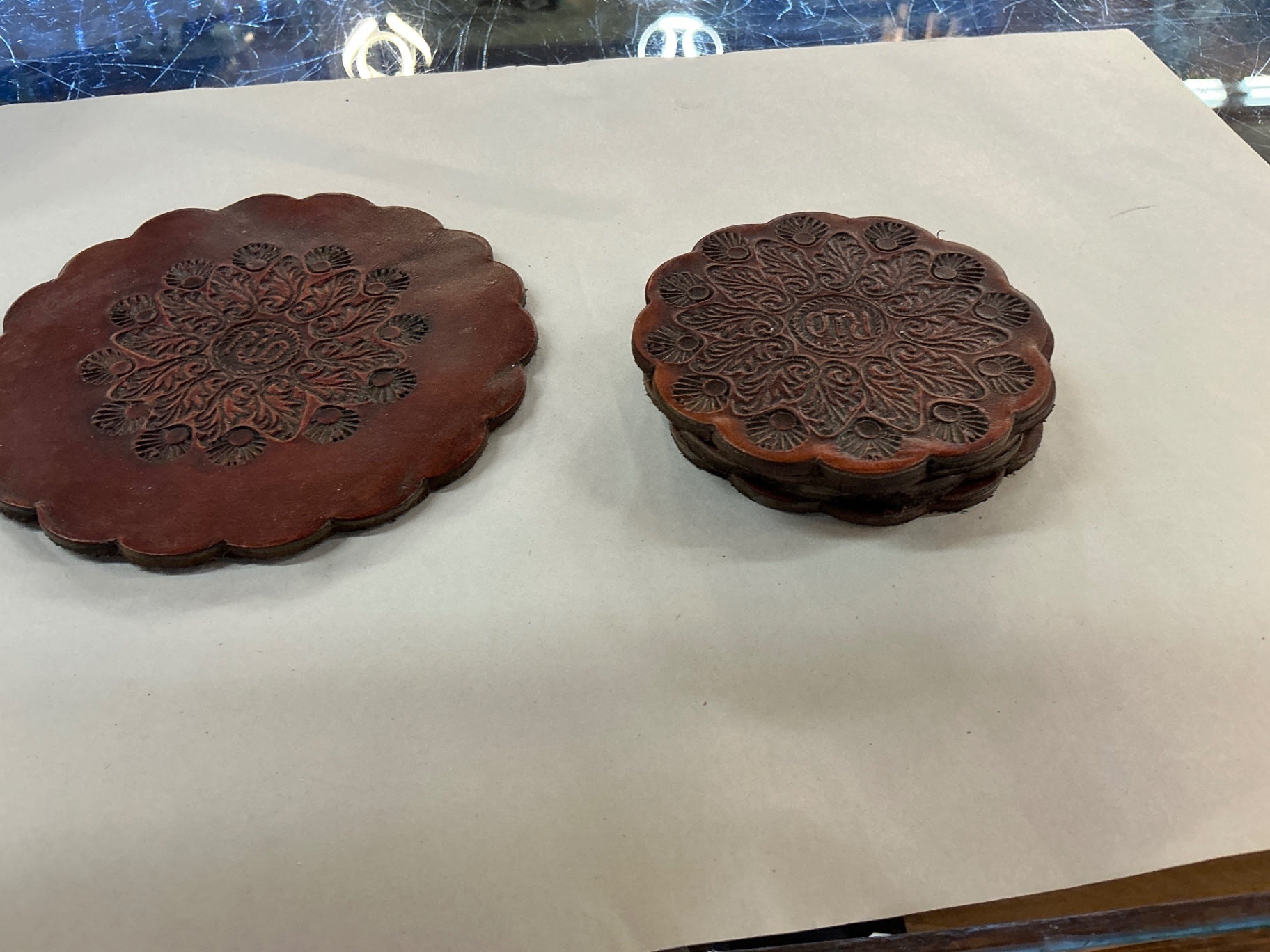 Hand-Tooled Leather Coasters and Matching Trivet – Floral Mandala Design