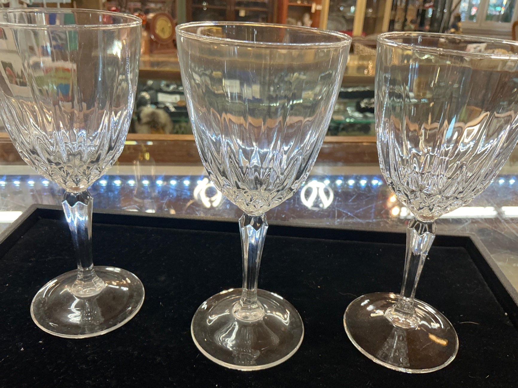 Set of Three Vintage Cut Crystal Wine Glasses with Faceted Bowls and Stems