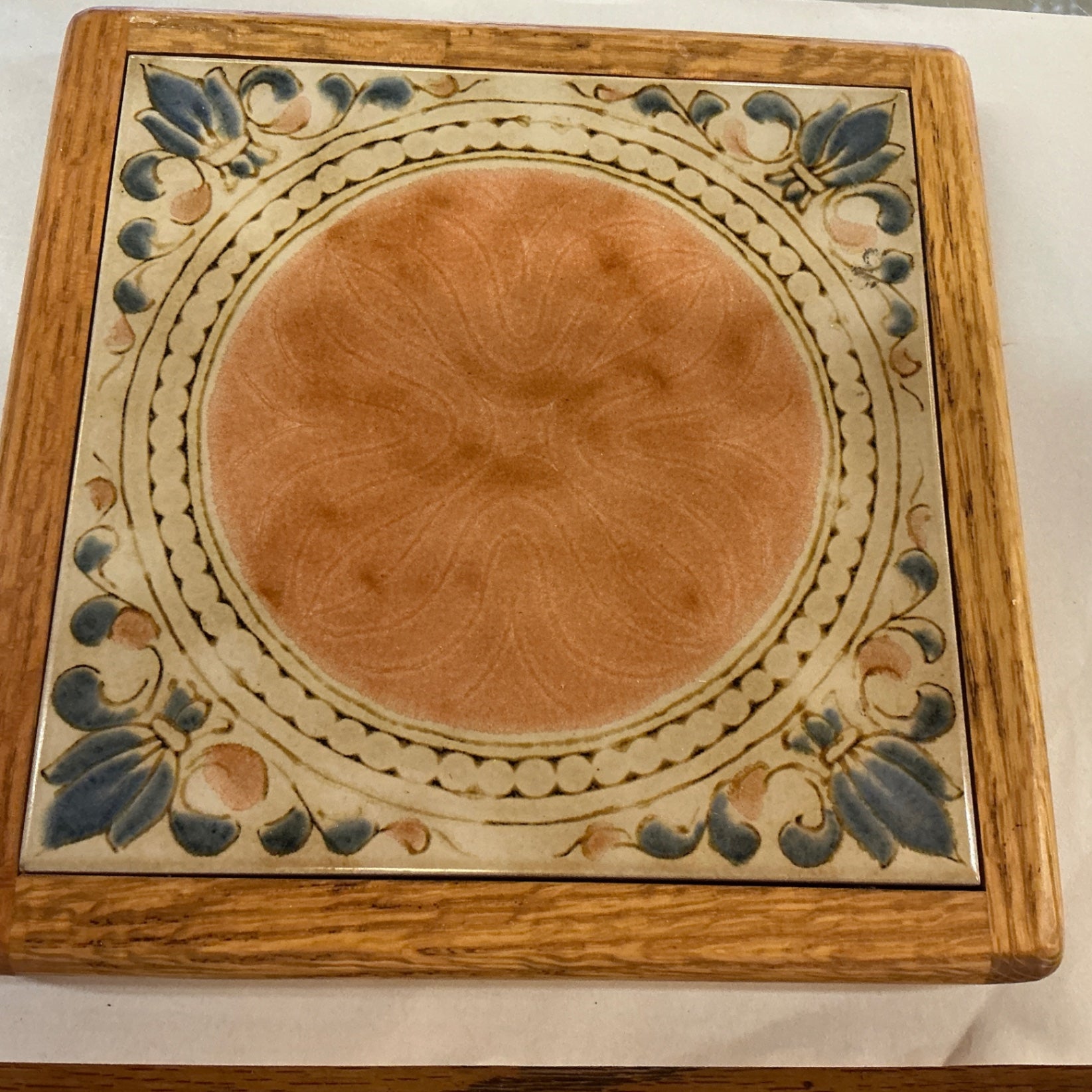 Hand-Painted Ceramic Tile Trivet with Wood Frame – Floral Folk Art Design