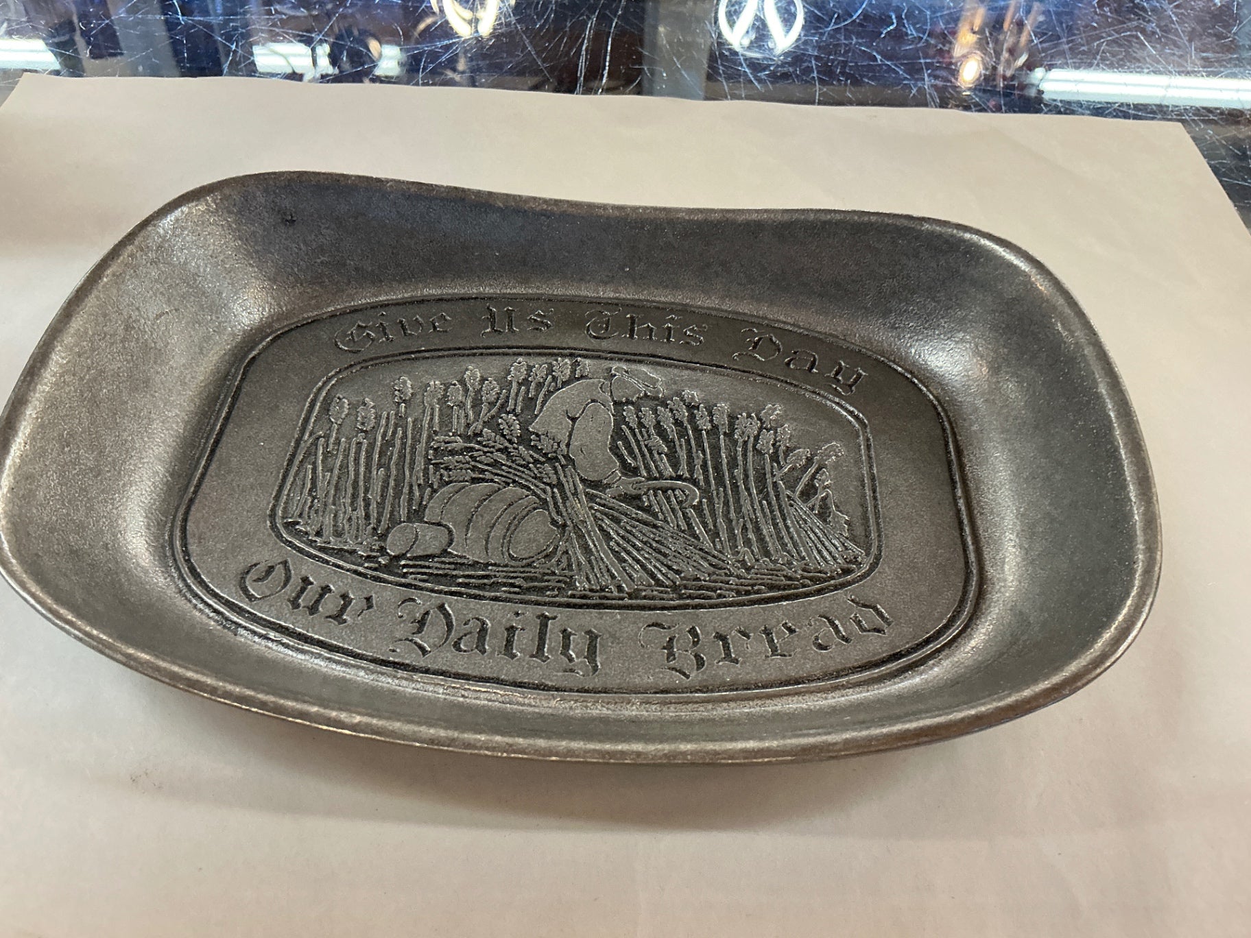 Vintage Pewter Bread Tray — “Give Us This Day Our Daily Bread”