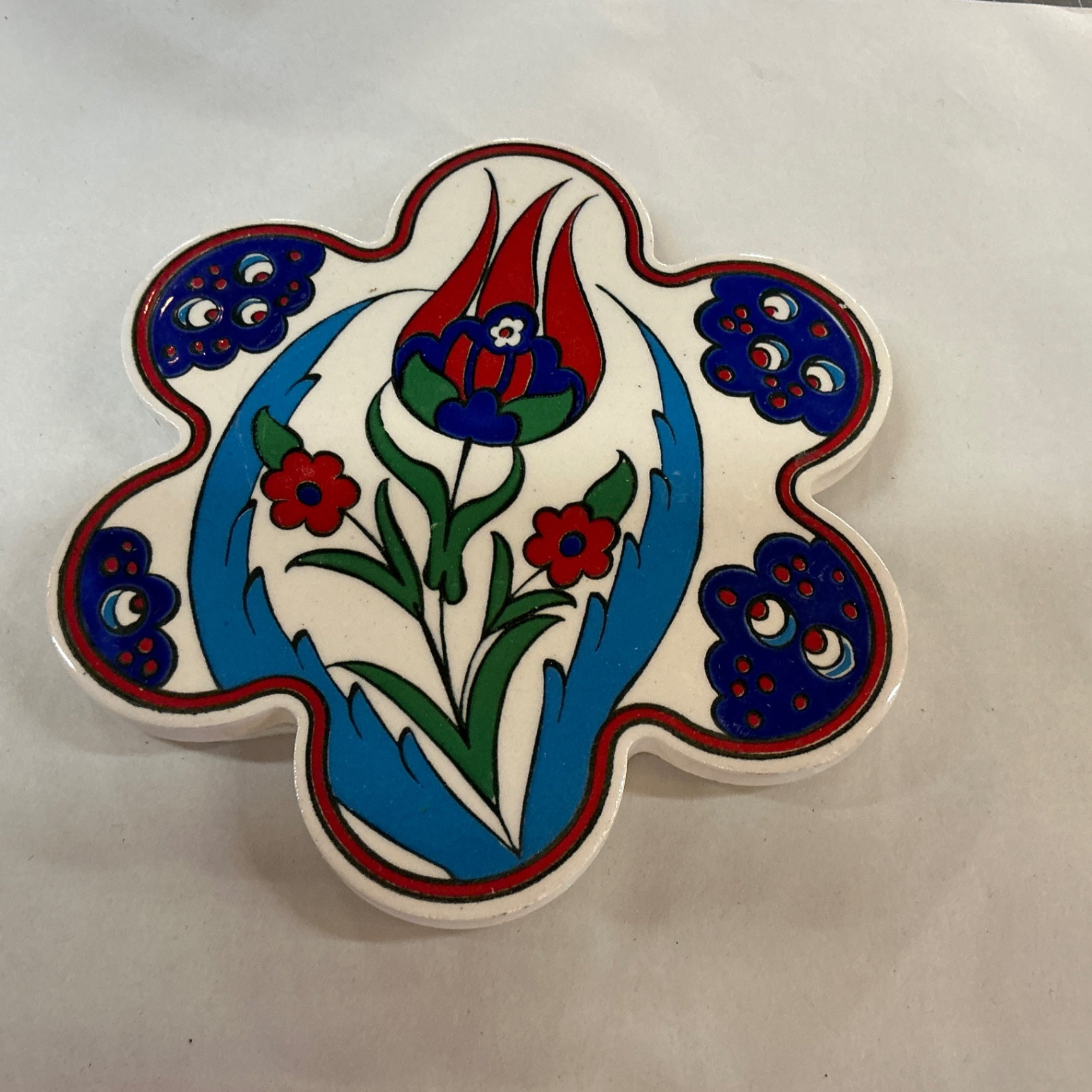 Hand-Painted Ceramic Trivet – Ottoman Tulip Motif, Iznik-Style Floral Design