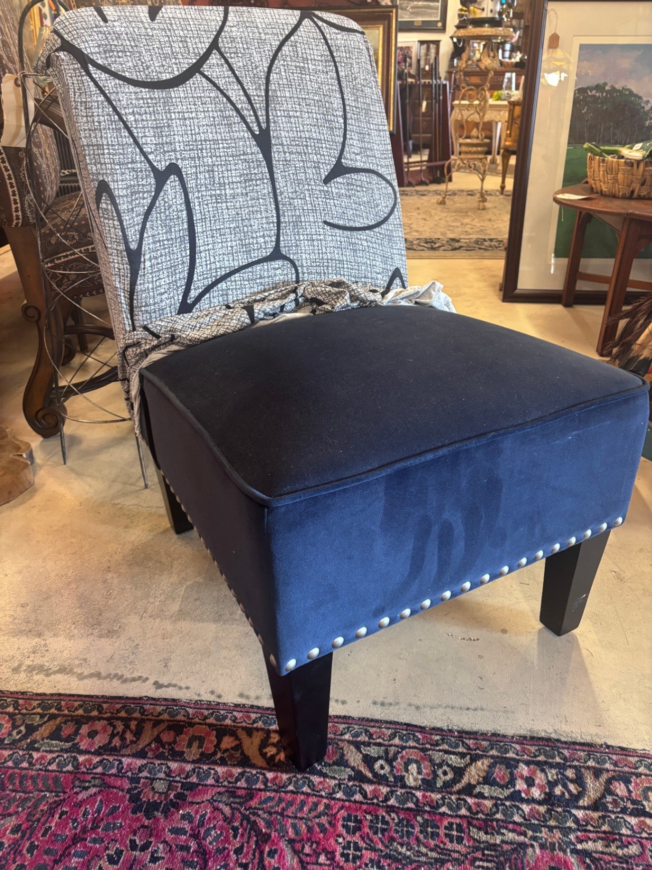 Pair of Blue Velvet accent chairs with slipcovers