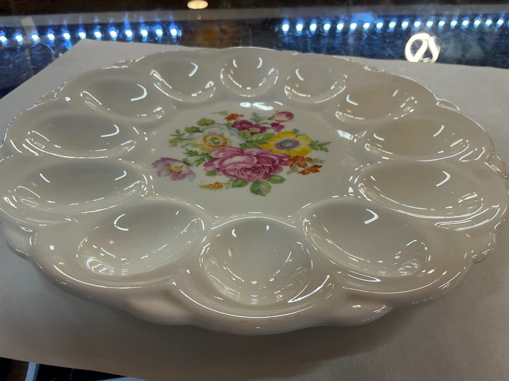 Vintage Milk Glass Deviled Egg Plate – Floral Center, Liberty Bell Mark