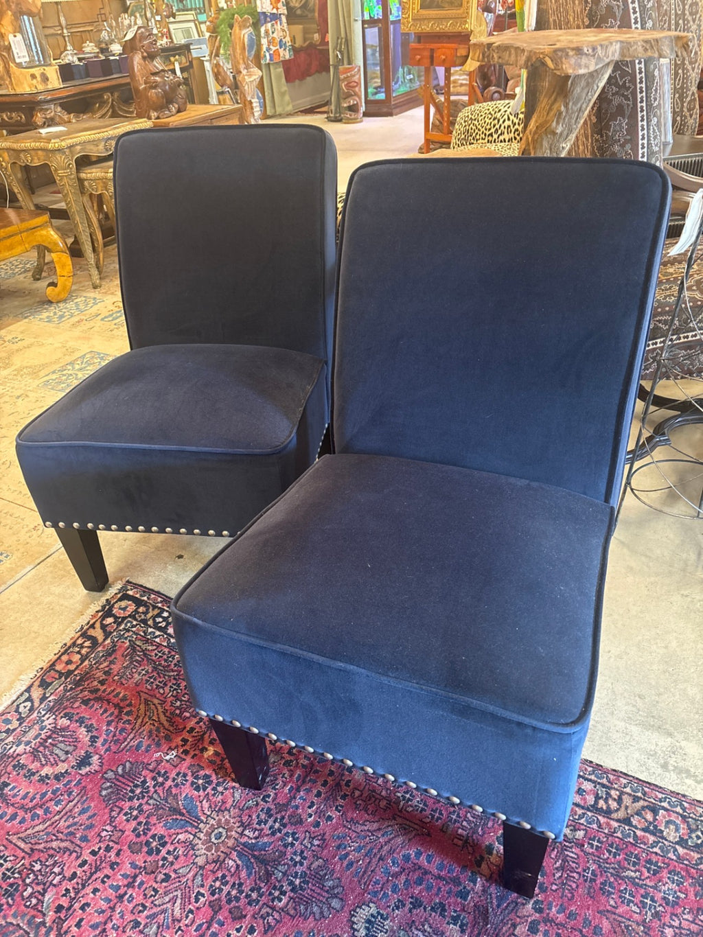 Pair of Blue Velvet accent chairs with slipcovers
