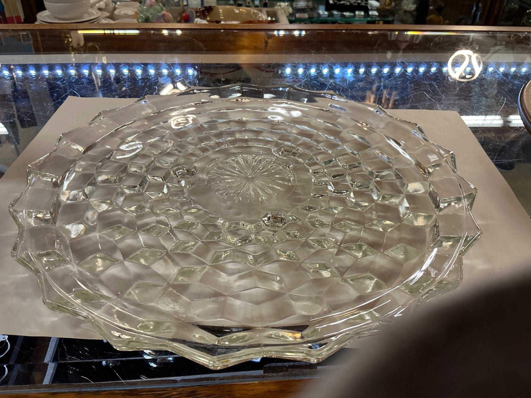 Vintage Pressed Glass Round Serving Plate with Diamond Pattern and Scalloped Edge