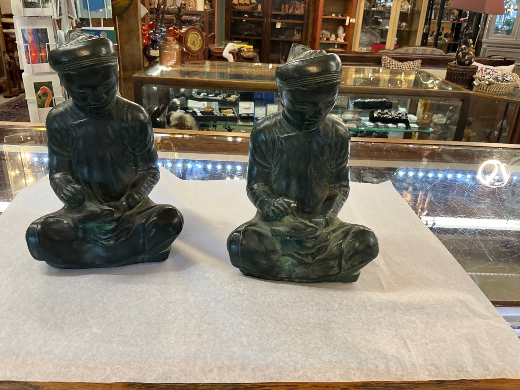 Pair of Vintage Asian-Style Seated Figures with Verdigris Patina (Decorative Sculptures)