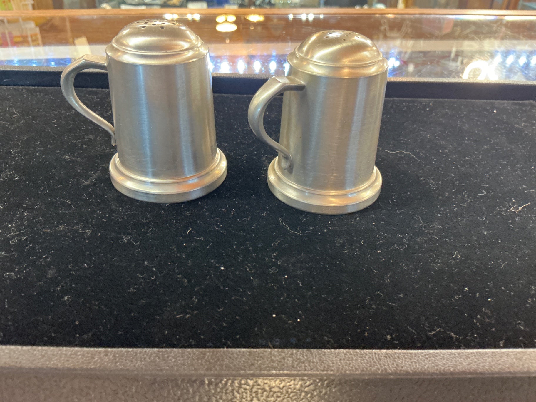Pair of Vintage Pewter Salt and Pepper Shakers with Handles and Domed Lids