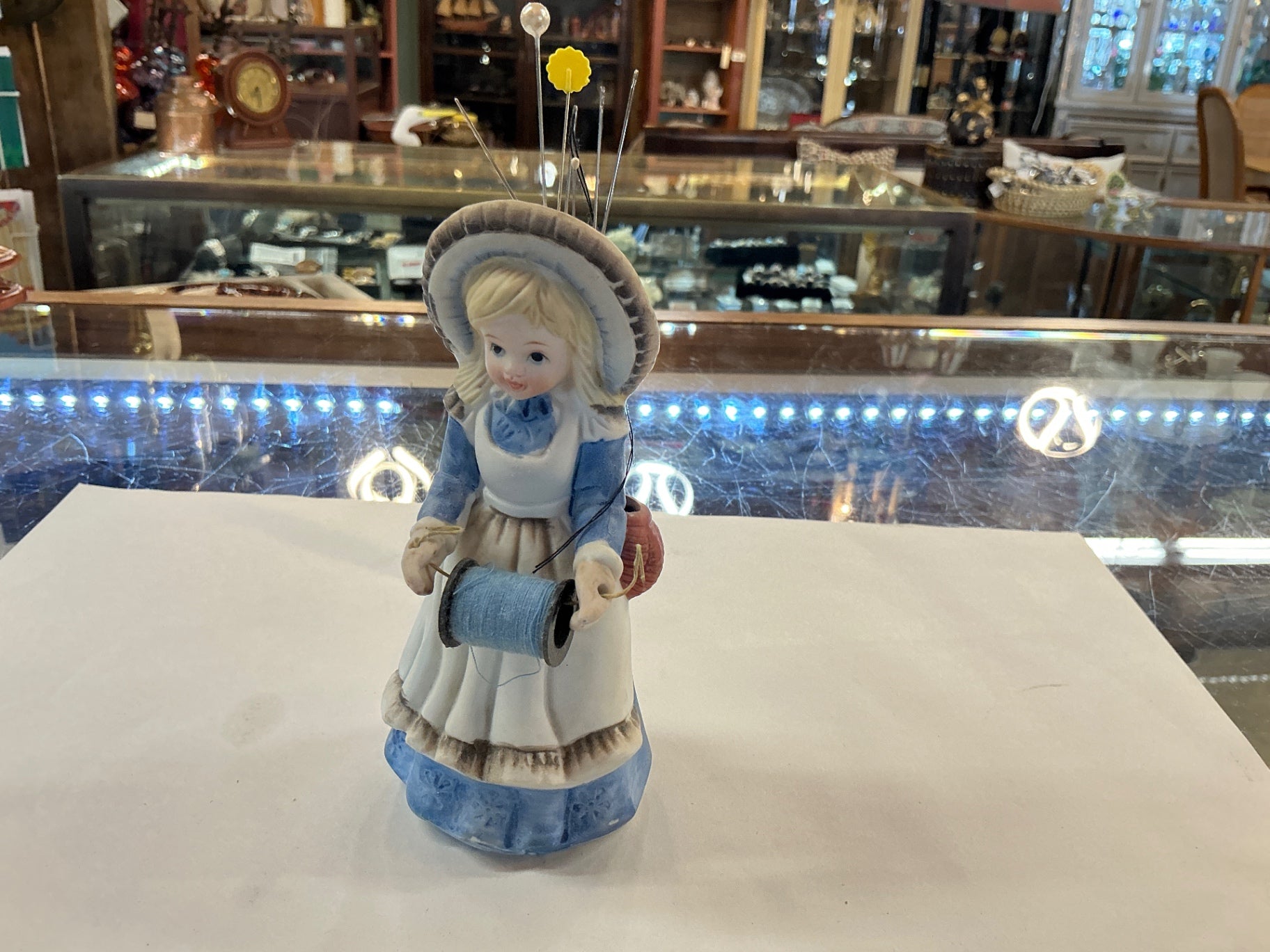 Vintage Porcelain Pincushion Figurine – Girl with Spool of Thread, Sewing Theme