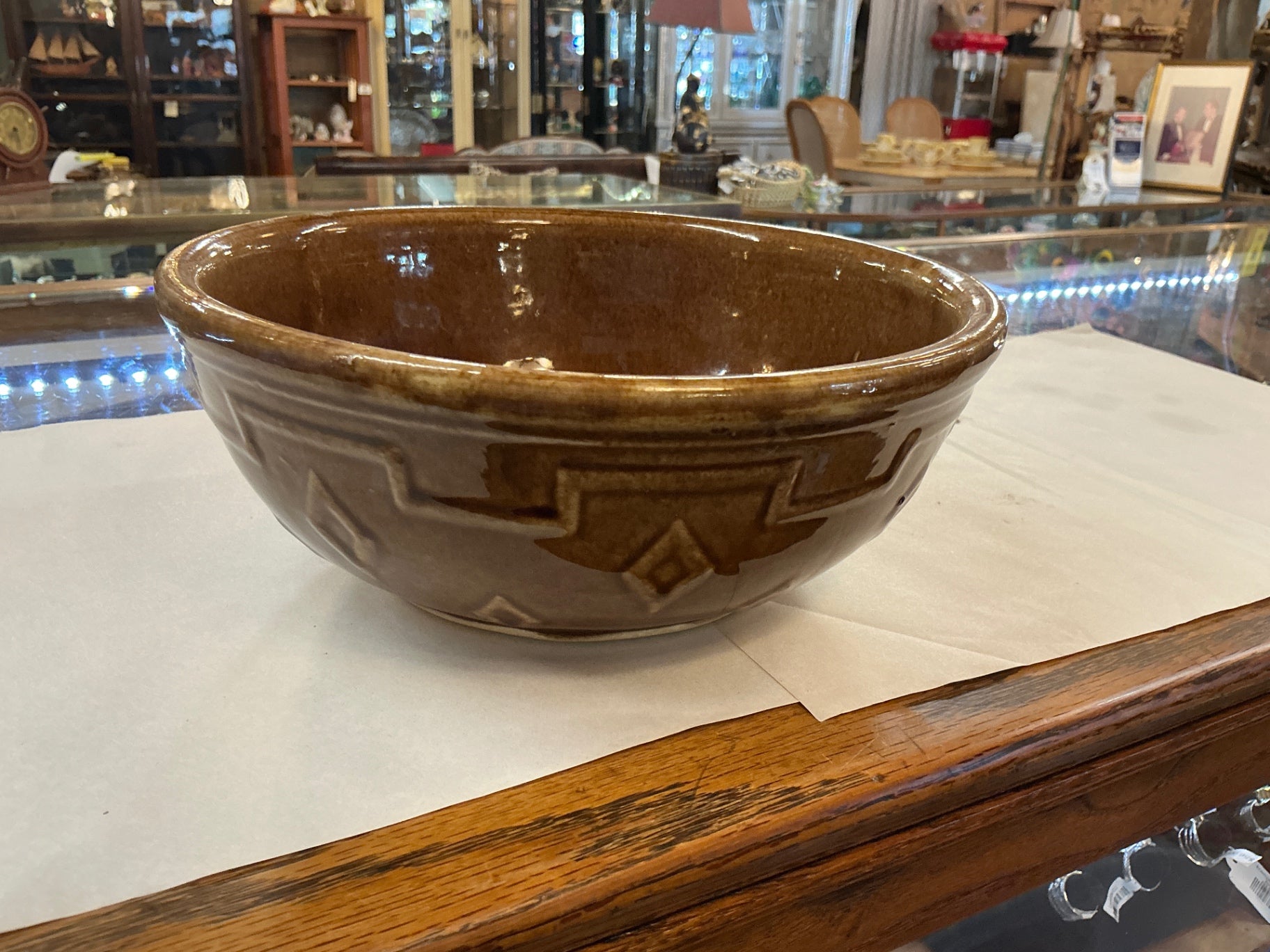 Vintage Brown Glazed Stoneware Mixing Bowl with Geometric Band