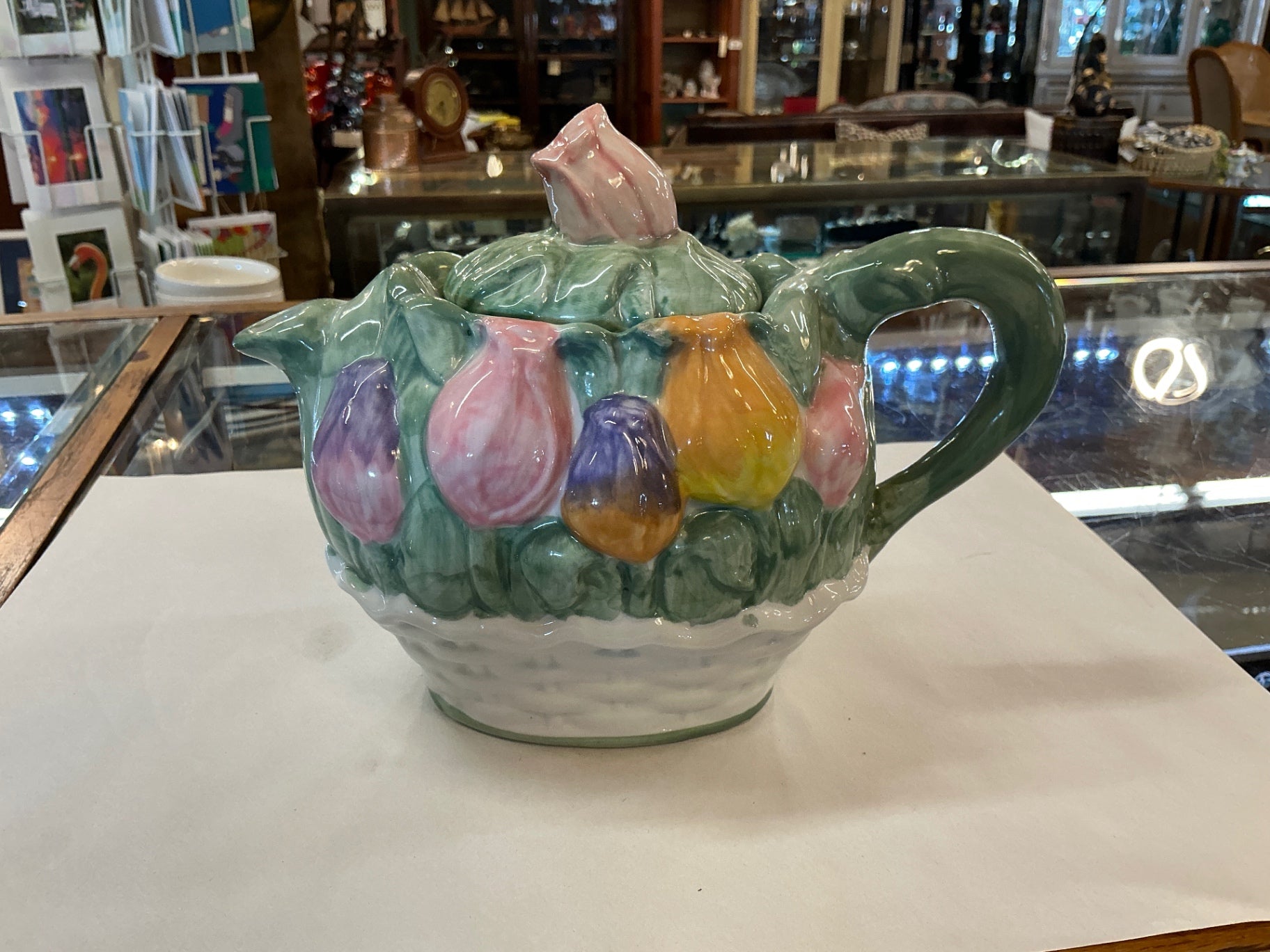 Vintage Hand-Painted Floral Basket Teapot – Tulip Motif Ceramic Tea Pot