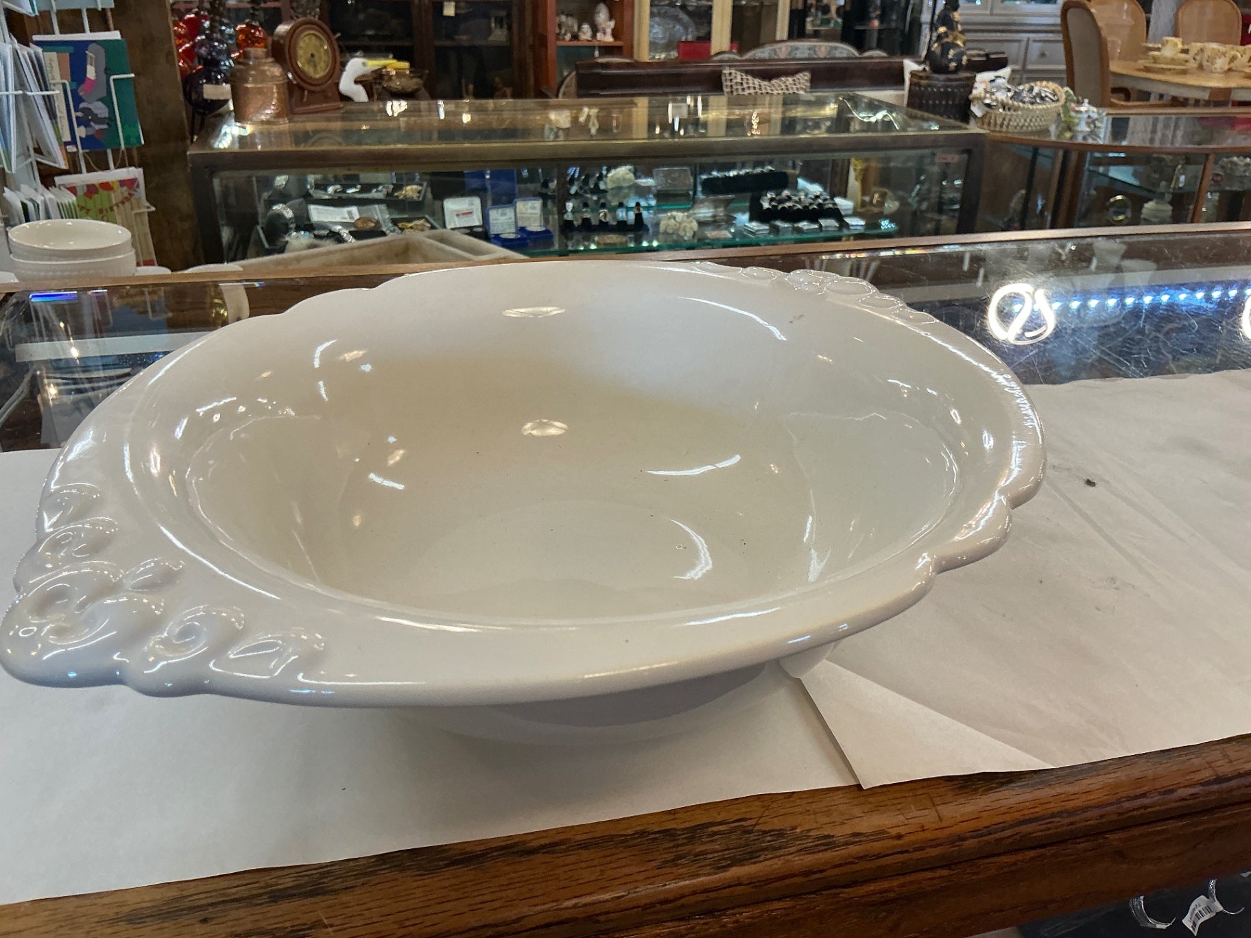 Vintage White Ironstone / Whiteware Pedestal Serving Bowl – Scalloped Scroll Rim
