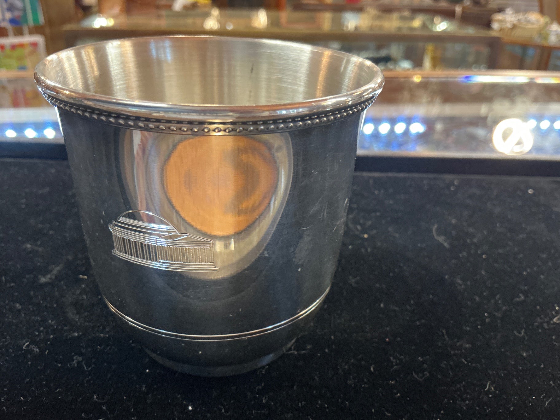 Vintage Silverplate Beaker / Trophy-Style Cup with Beaded Rim and Applied Emblem