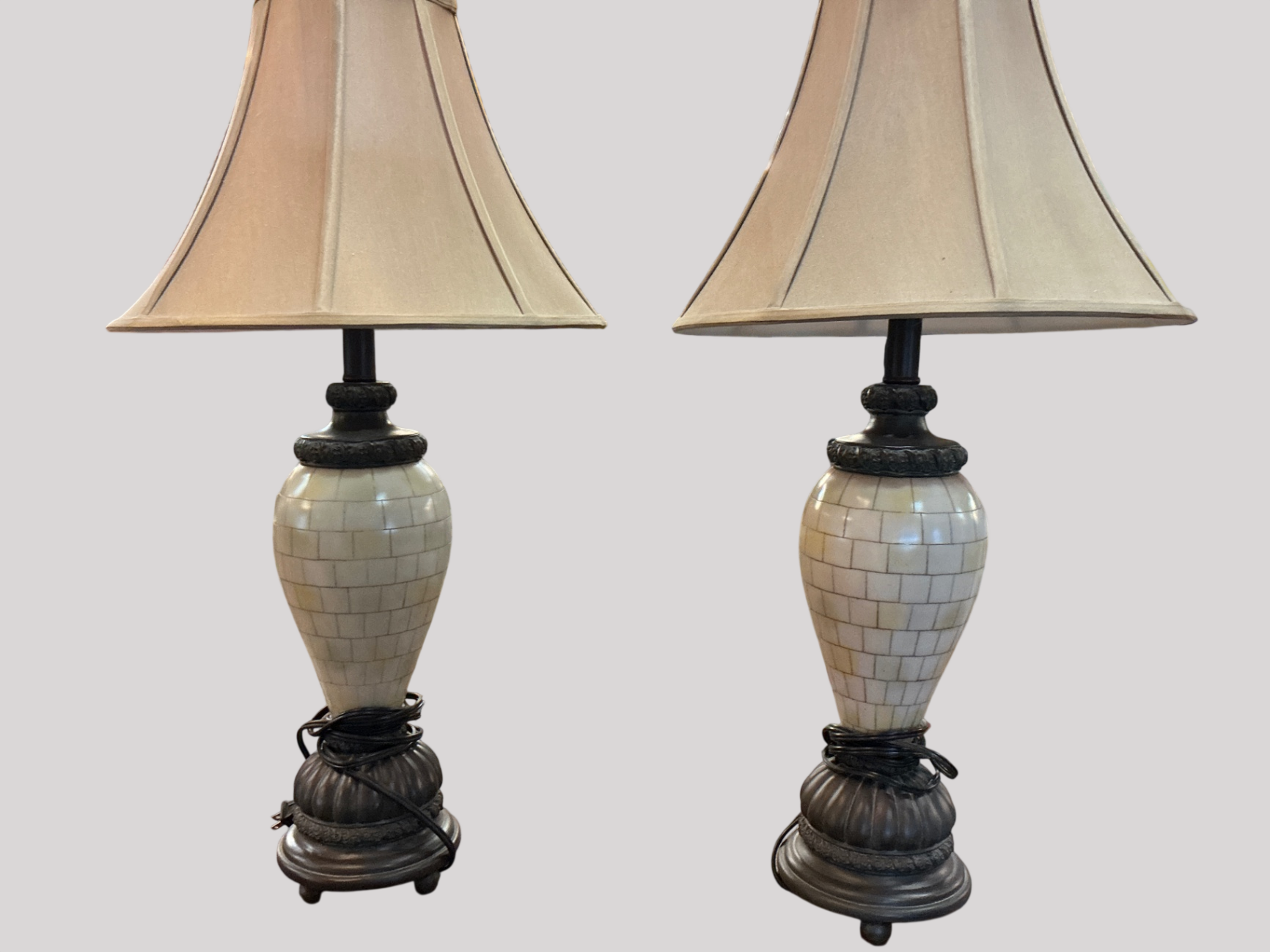 Pair of Large Mosaic-Style Table Lamps with Neutral Shades