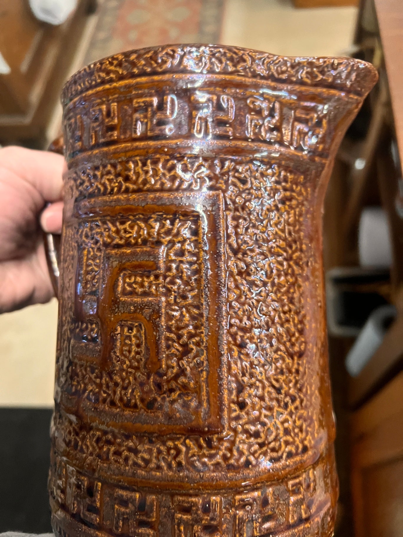 Antique Stoneware Pitcher or Stein c.1900–1925 – Textured Brown Glaze with Good Luck Swastika Motif
