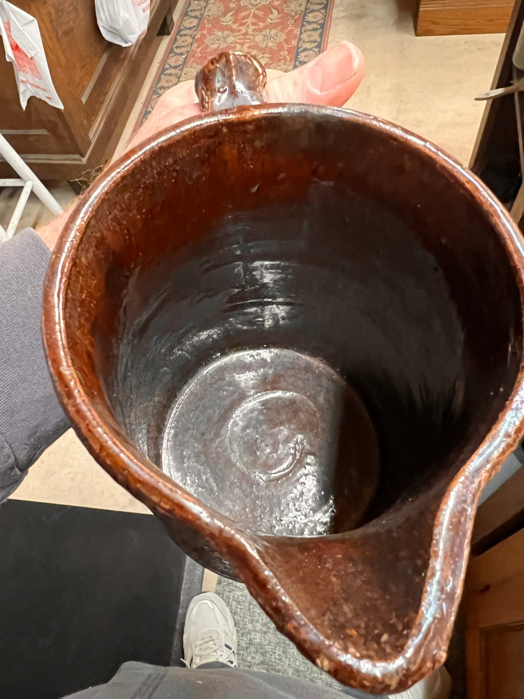 Antique Stoneware Pitcher or Stein c.1900–1925 – Textured Brown Glaze with Good Luck Swastika Motif