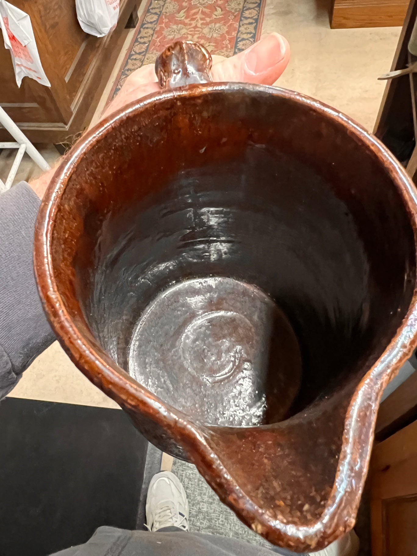 Antique Stoneware Pitcher or Stein c.1900–1925 – Textured Brown Glaze with Good Luck Swastika Motif