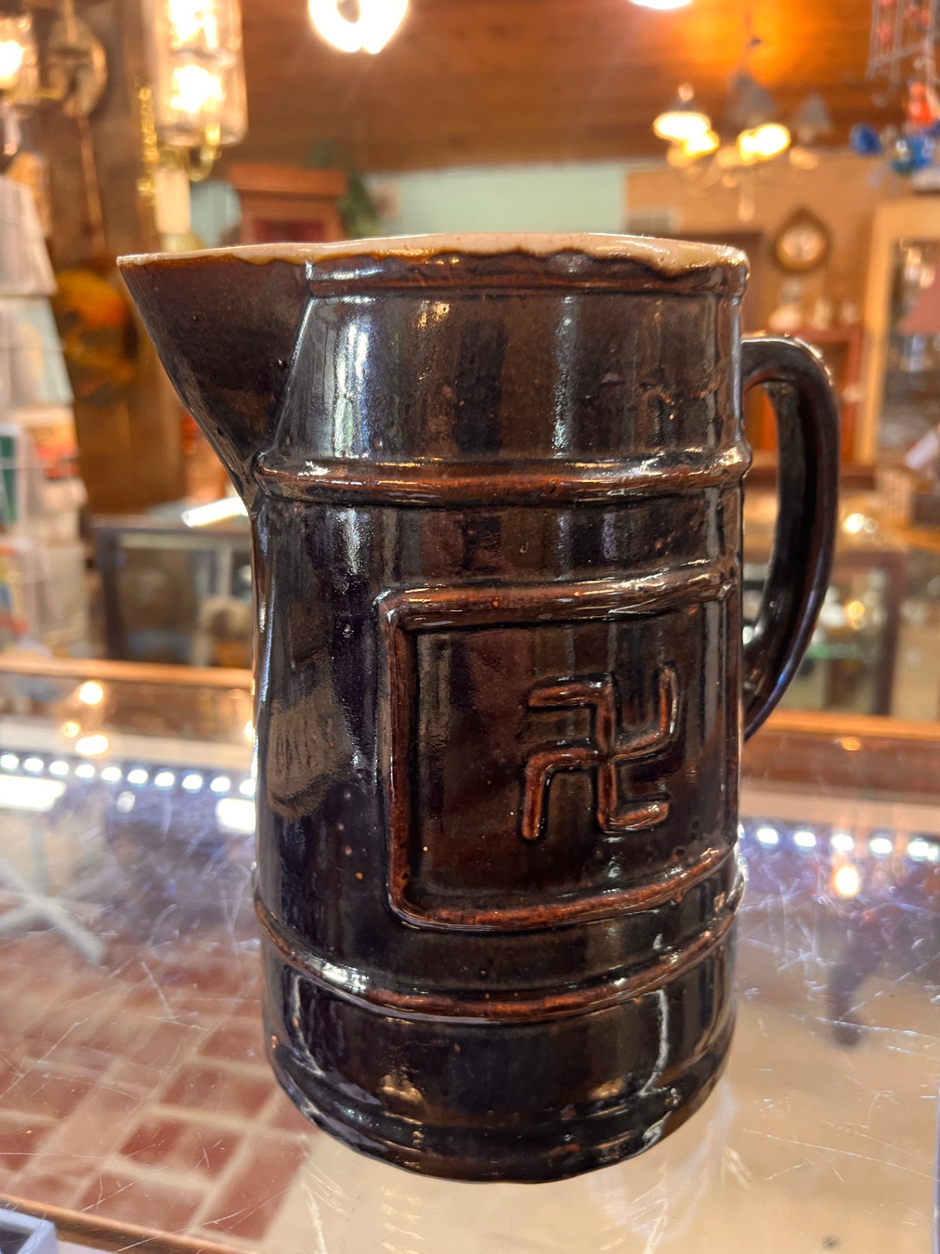 Antique Stoneware Pitcher c.1900–1925 – Good Luck Swastika Motif – American or Central European