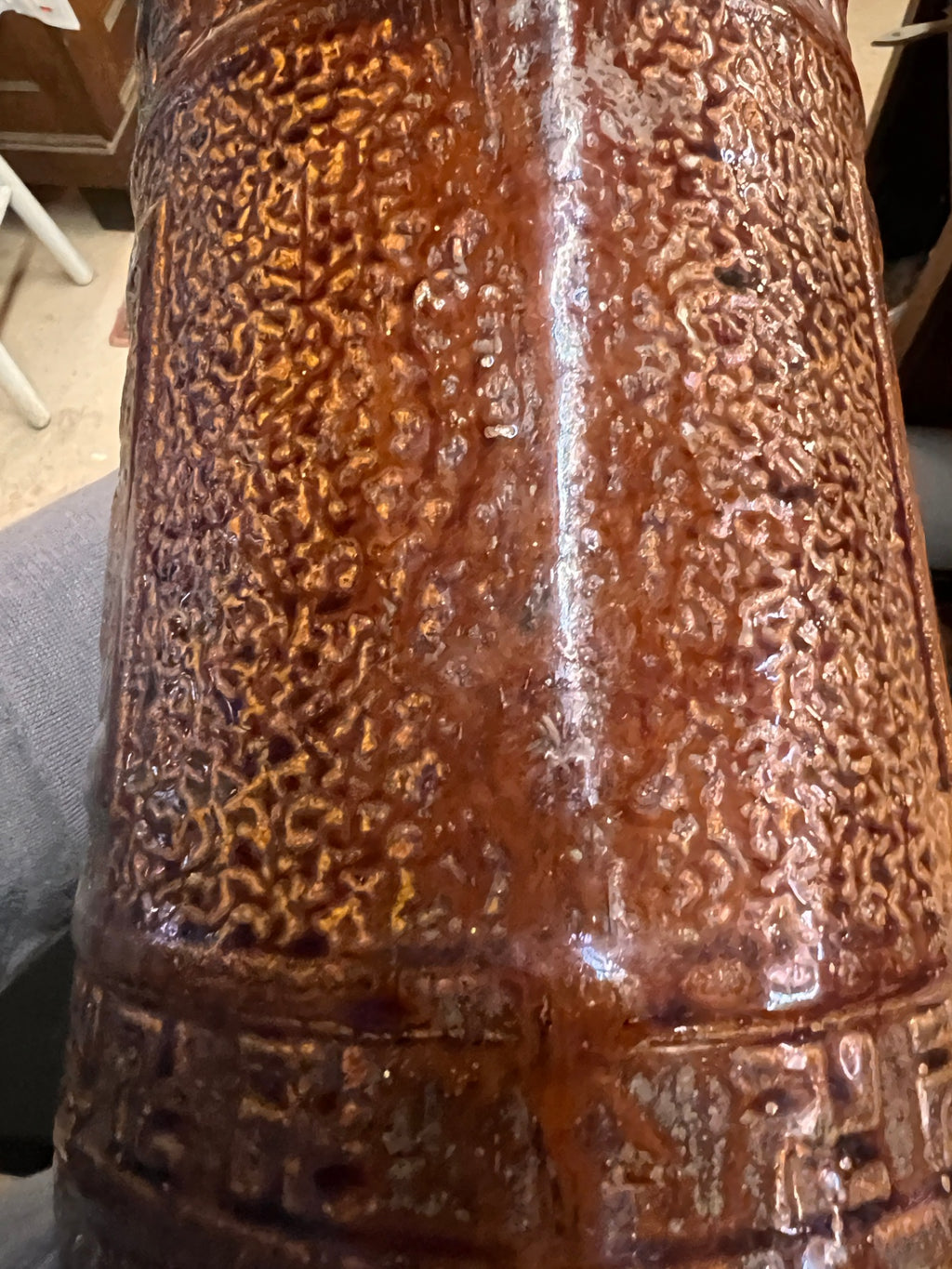 Antique Stoneware Pitcher or Stein c.1900–1925 – Textured Brown Glaze with Good Luck Swastika Motif