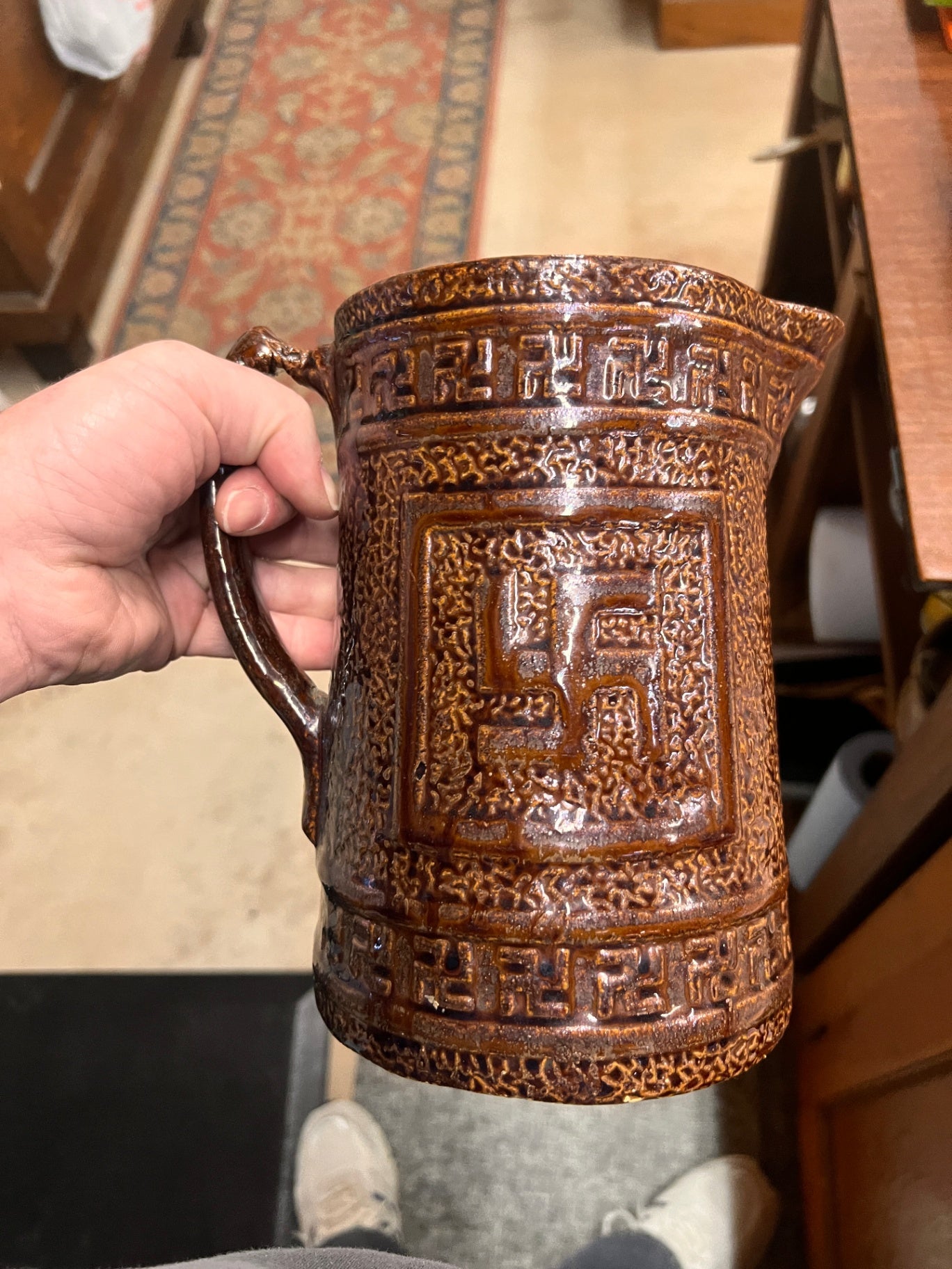 Antique Stoneware Pitcher or Stein c.1900–1925 – Textured Brown Glaze with Good Luck Swastika Motif
