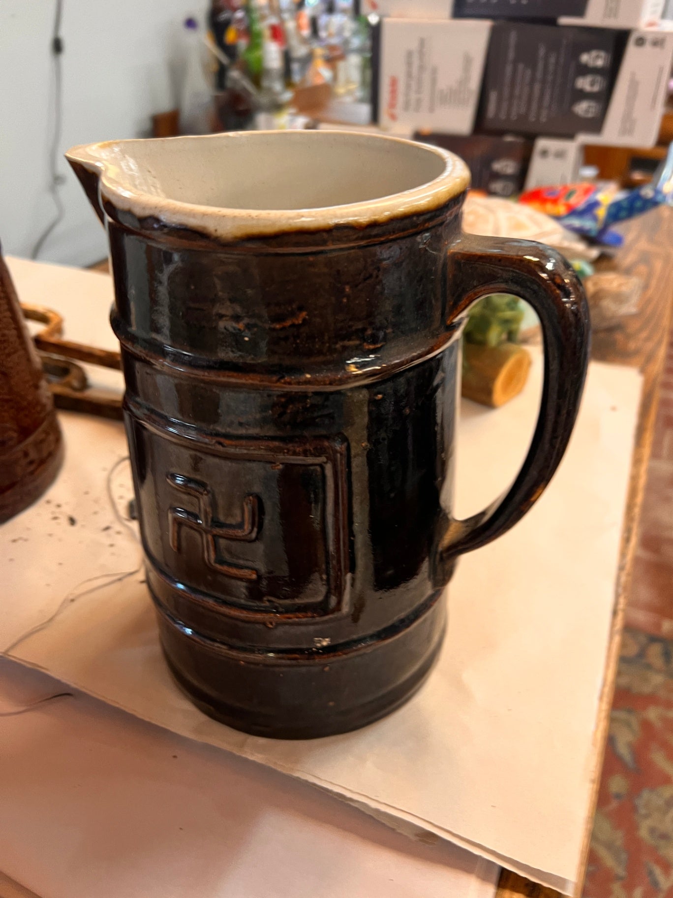 Antique Stoneware Pitcher c.1900–1925 – Good Luck Swastika Motif – American or Central European