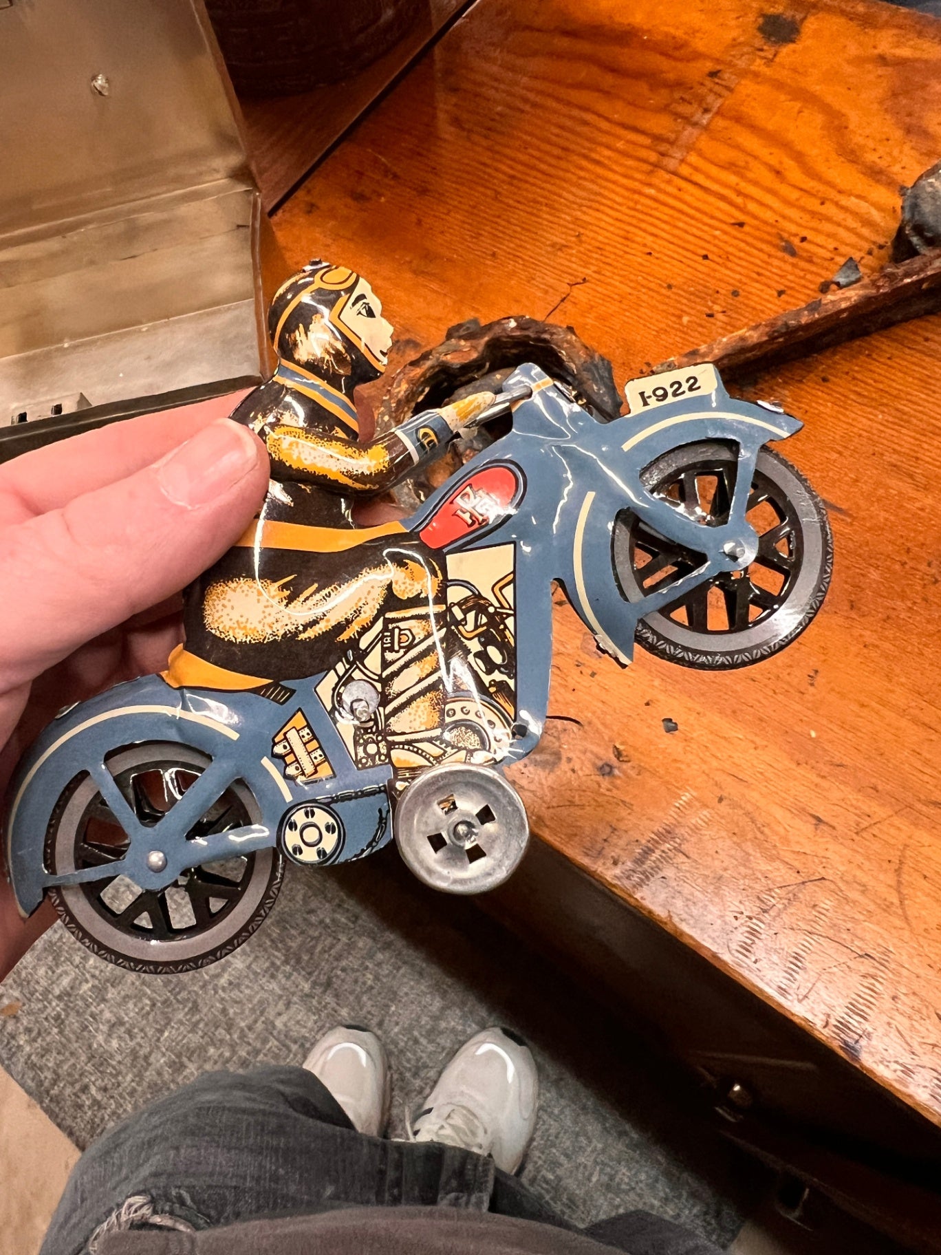 Authentic 1922 German Tinplate Wind-Up Motorcycle w/ Rider – Original Clockwork – “I-922” Plate