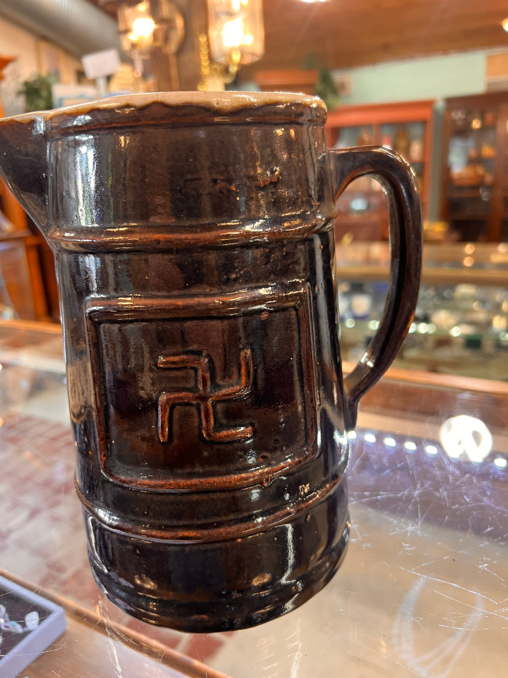 Antique Stoneware Pitcher c.1900–1925 – Good Luck Swastika Motif – American or Central European