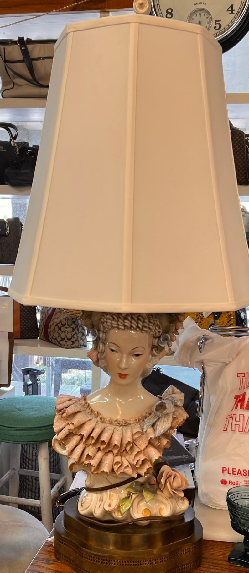 Dresden-Style Porcelain Bust Table Lamp with Pink Lace Dress and Brass Base