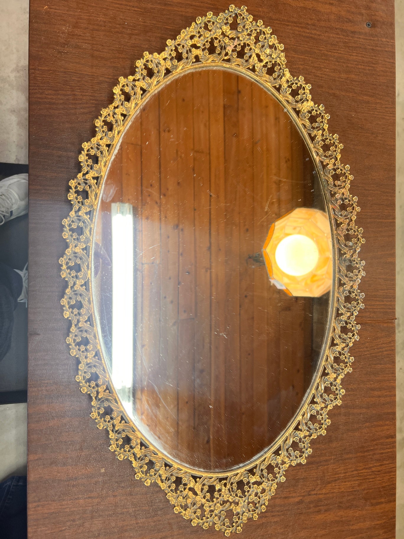 Vintage Vanity Tray Mirror Ornate Gilt Metal Frame 24" Long