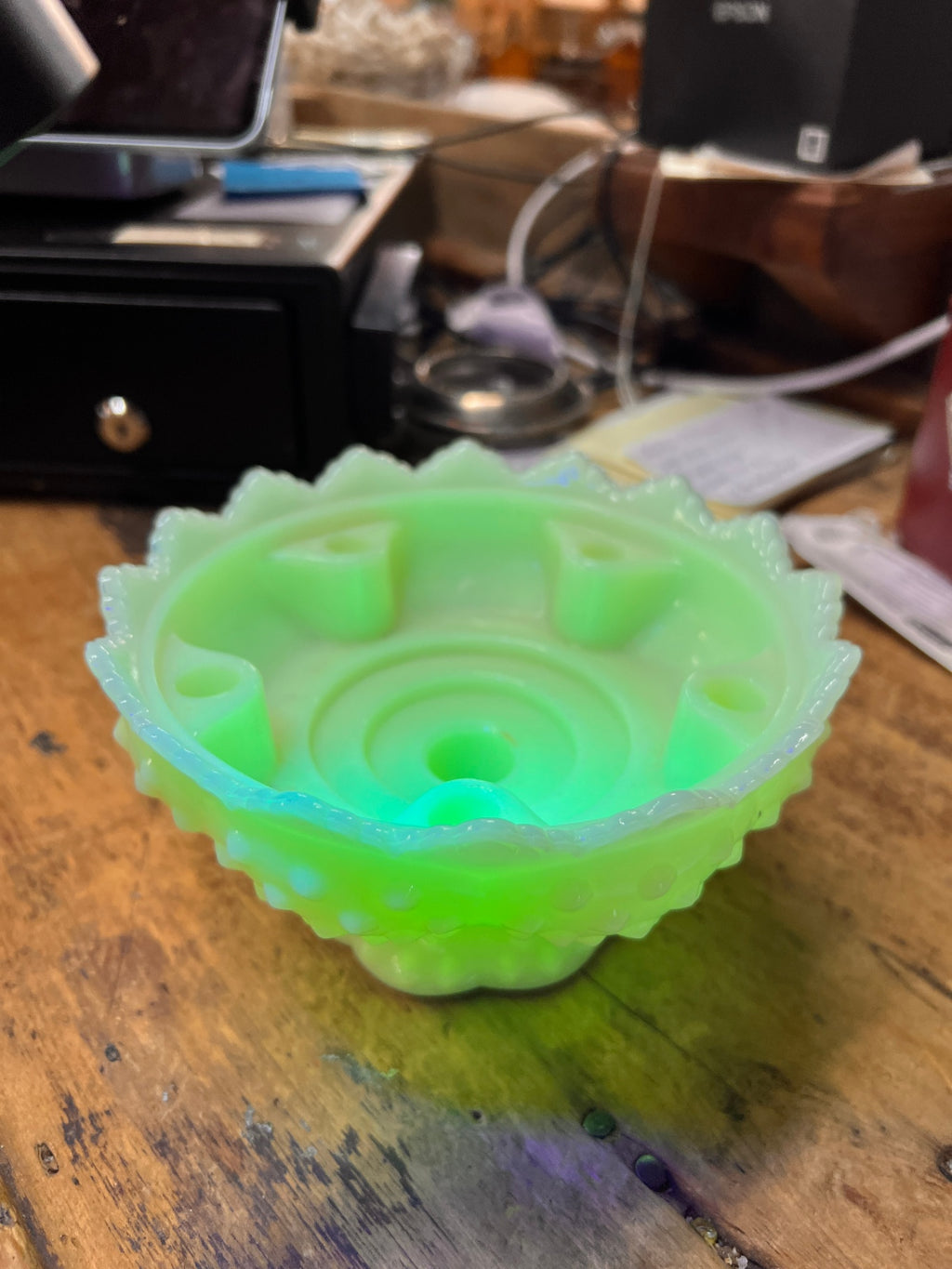 Fenton Jadeite/milk glass Uranium Custard Glass Candle Holder Compote Uranium Glass Pattern No. 3547569