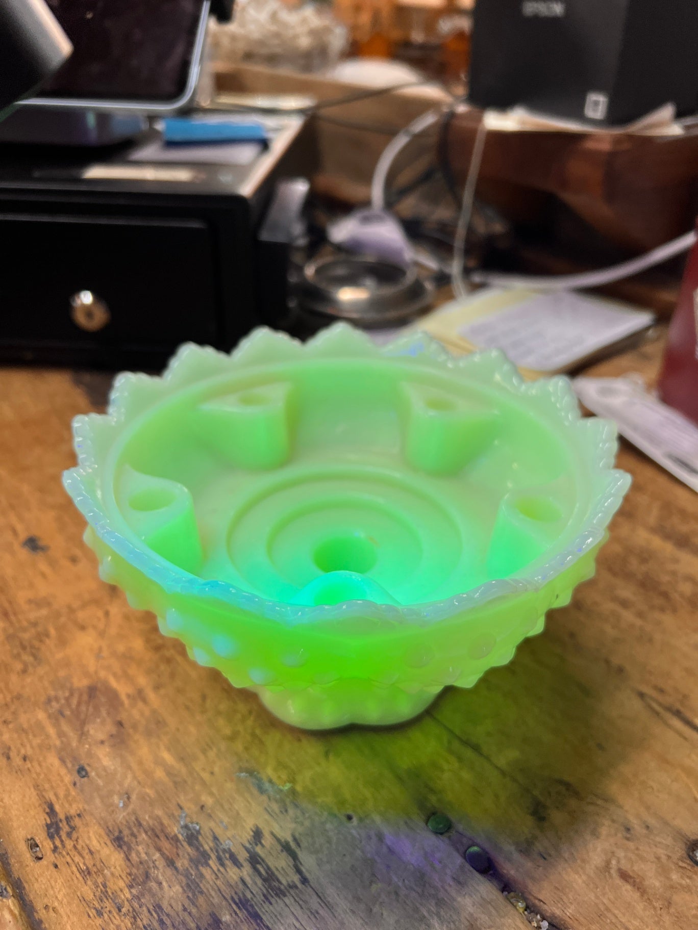 Fenton Jadeite/milk glass Uranium Custard Glass Candle Holder Compote Uranium Glass Pattern No. 3547569