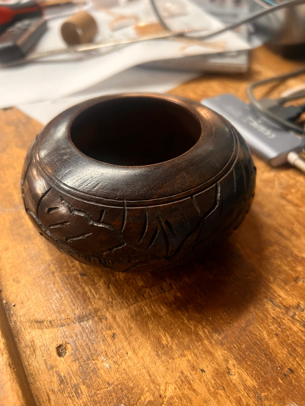 Vintage hand carved Ironwood Blackwood Bowl ethnic boho tribal trinket dice cup