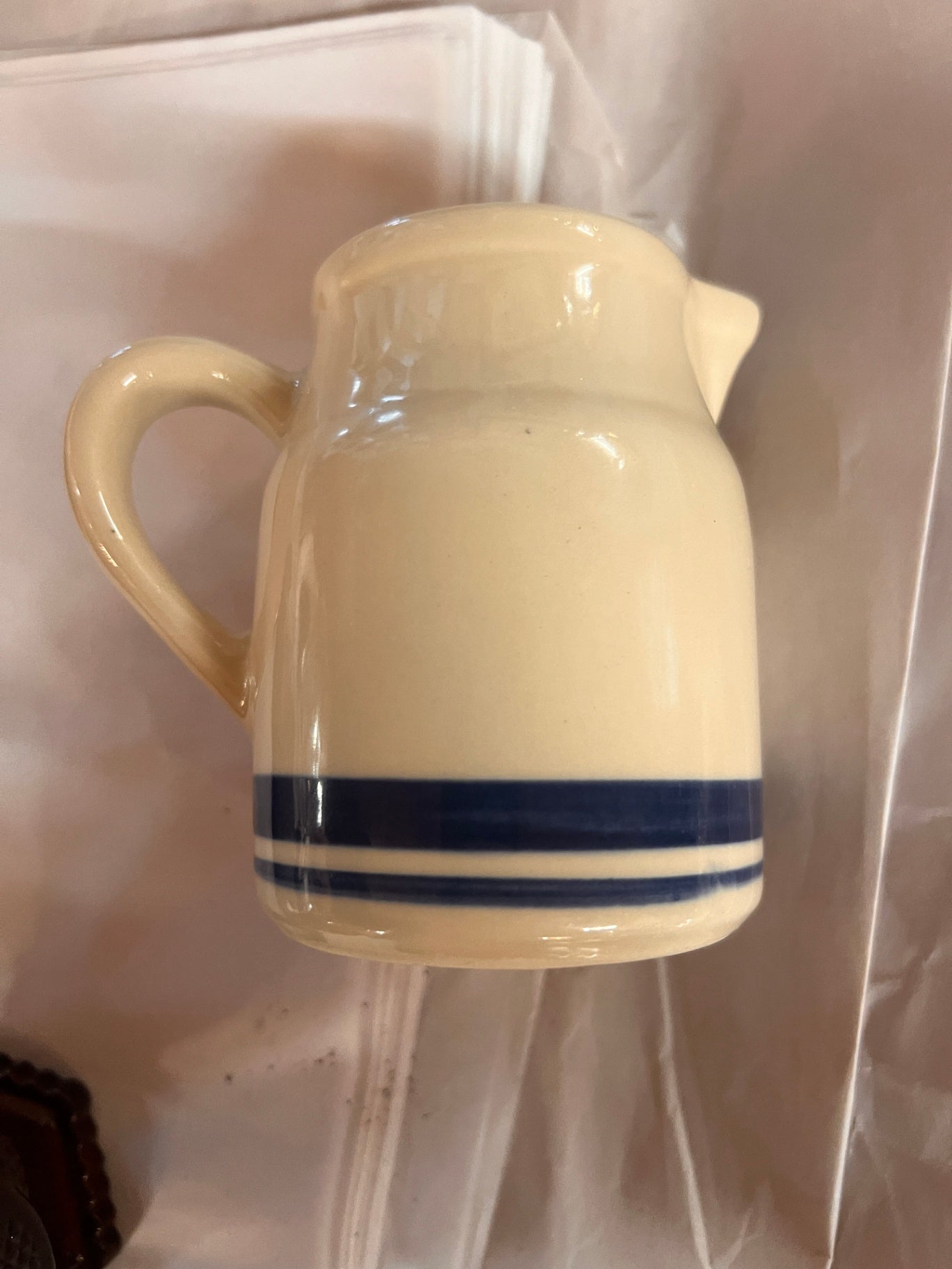 Roseville Ohio Friendship Pottery Pitcher Blue Stripes 4" Tall
