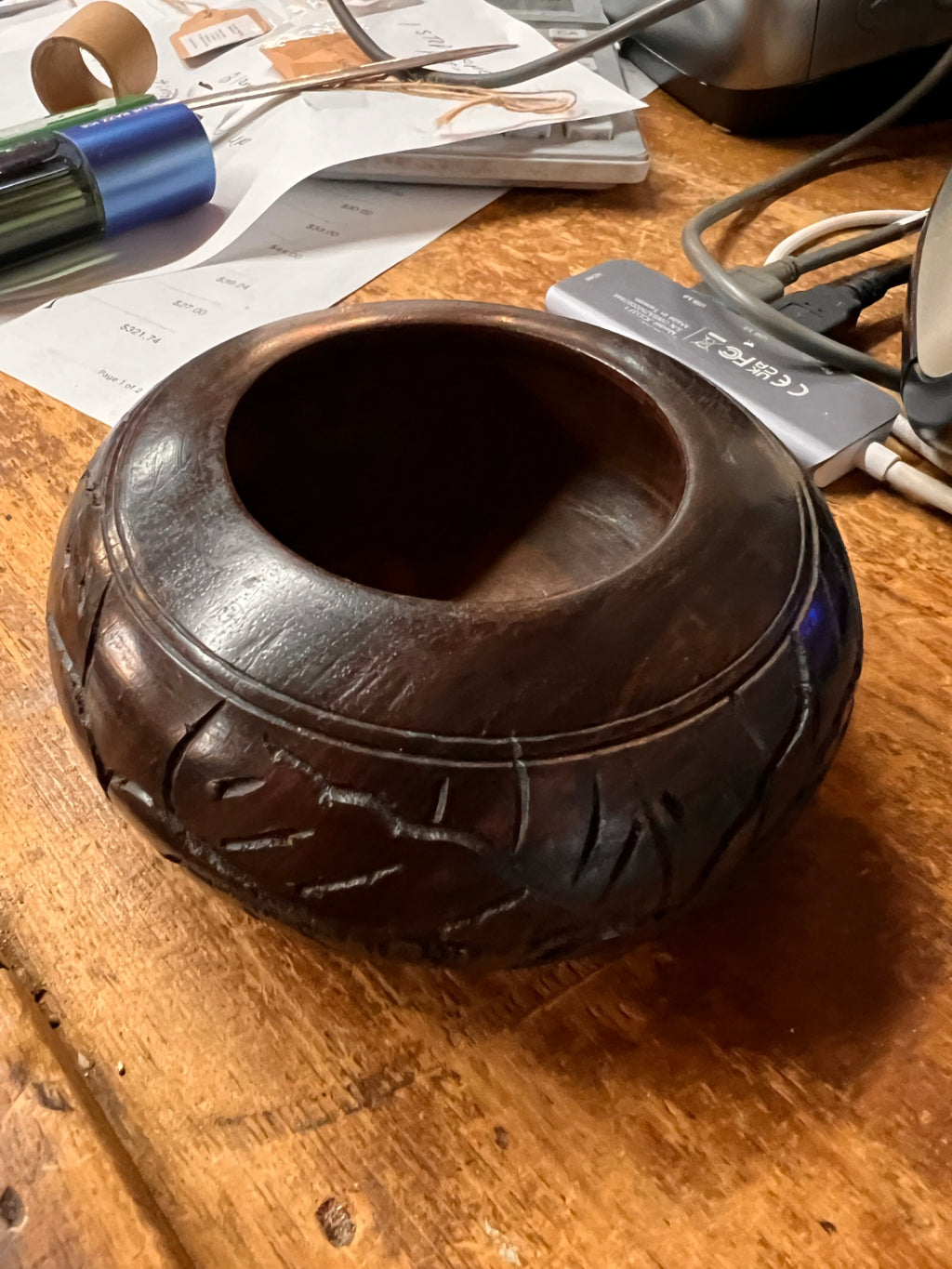 Vintage hand carved Ironwood Blackwood Bowl ethnic boho tribal trinket dice cup