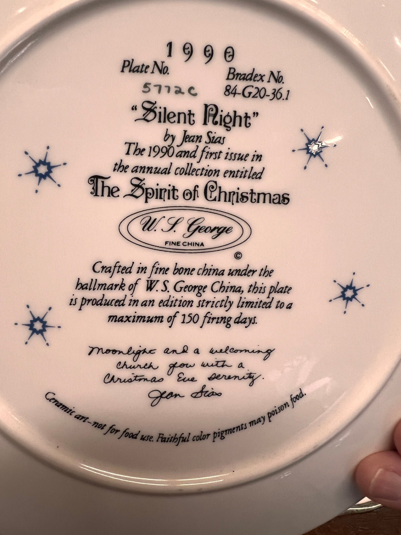 1990 W S George Silent Night Collector Plate The Spirit Of Christmas