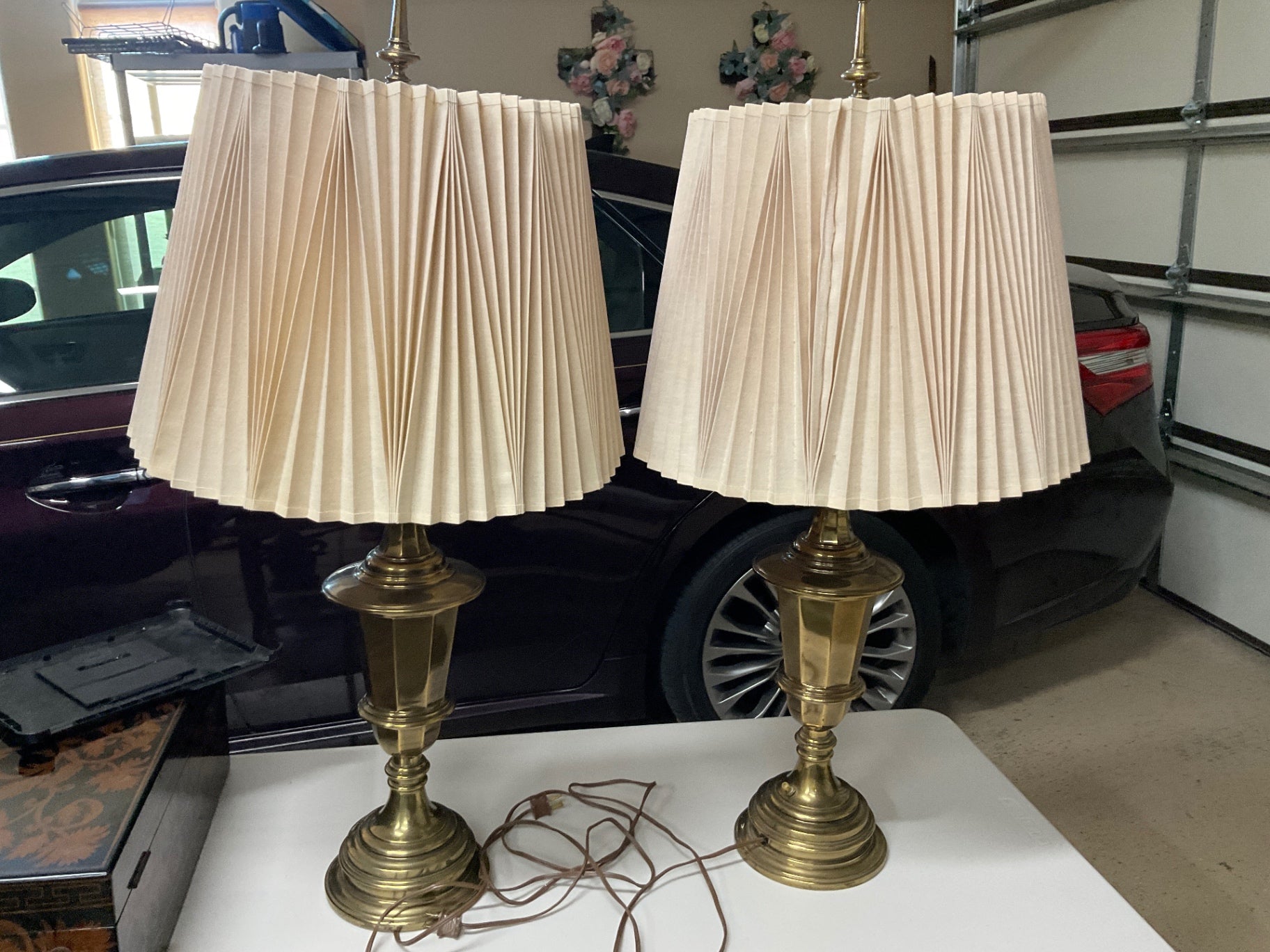 Brass/Gold Brass Lamps 36"Hx 8" base, shade 14" H x 18" W Very good