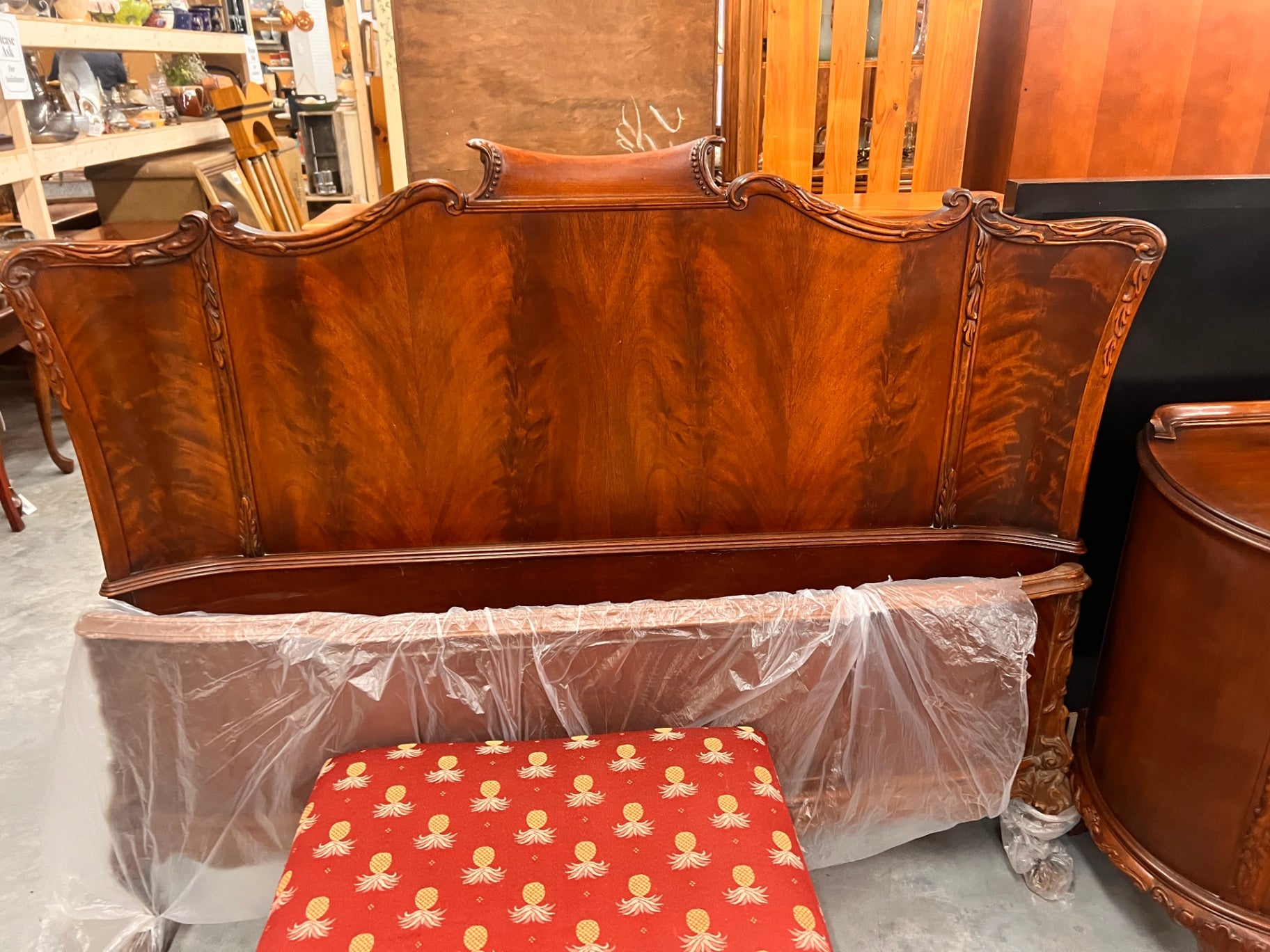 Vintage Rococo Revival Louis XV Style Walnut Bed – Serpentine Carved Headboard & Footboard