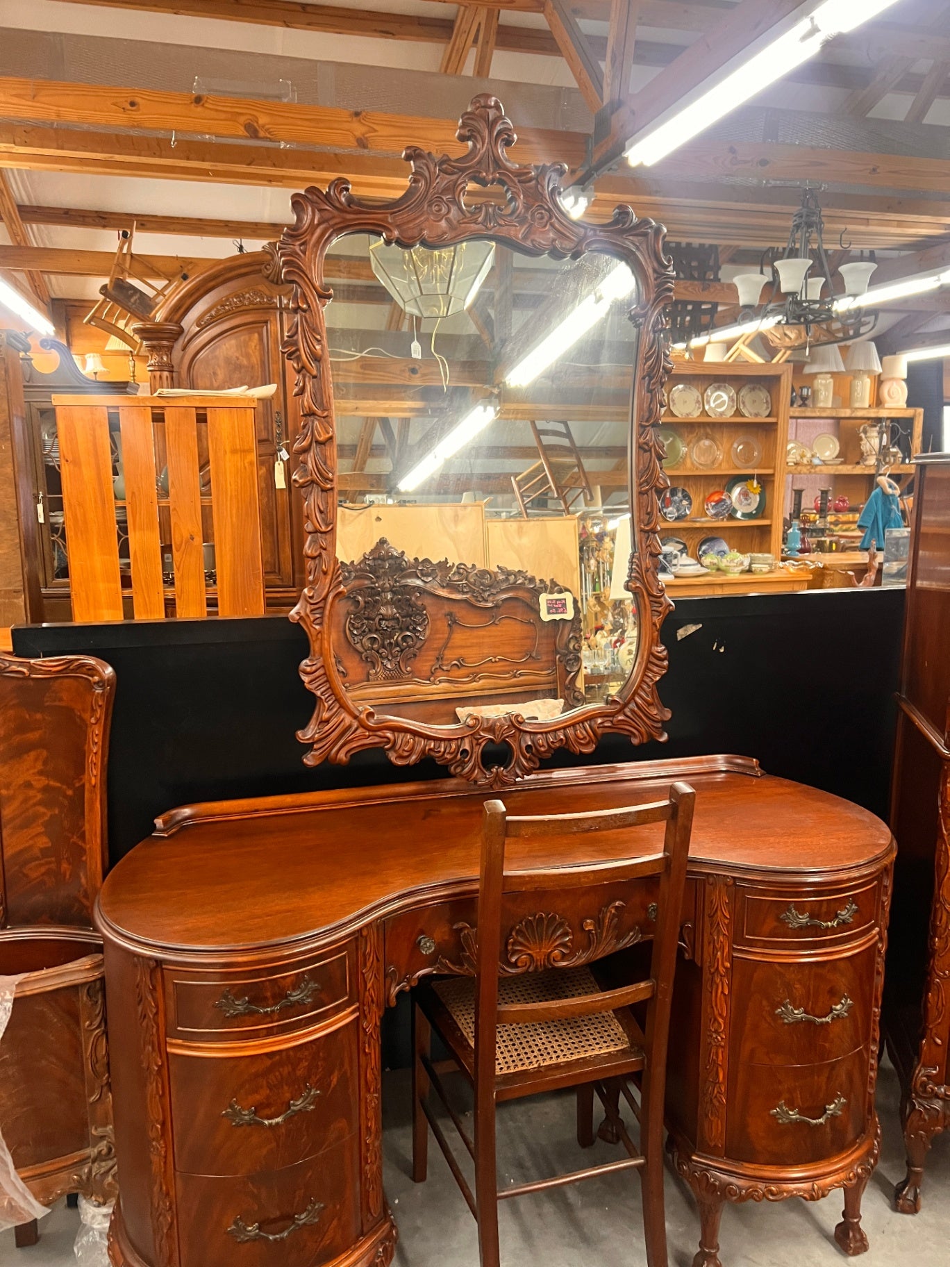 Vintage Rococo Revival Louis XV Style Walnut Vanity with Ornate Carved Mirror