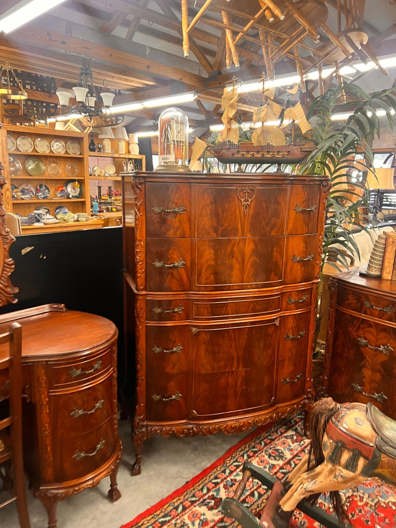 Vintage Rococo Revival Louis XV Style Walnut Bombe Dresser / Chest