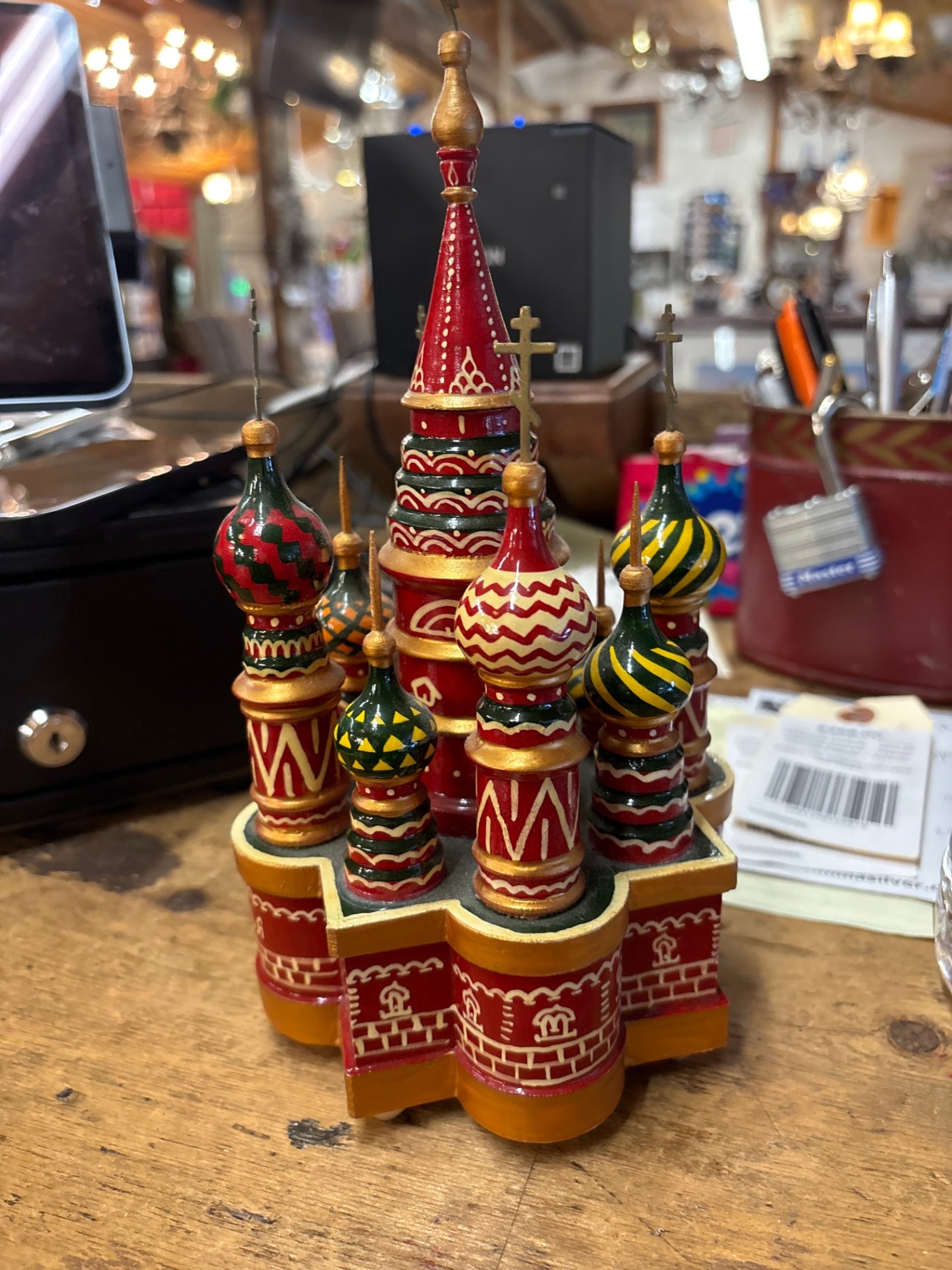 Vintage Russian Hand-Painted St. Basil’s Cathedral Wooden Music Box 