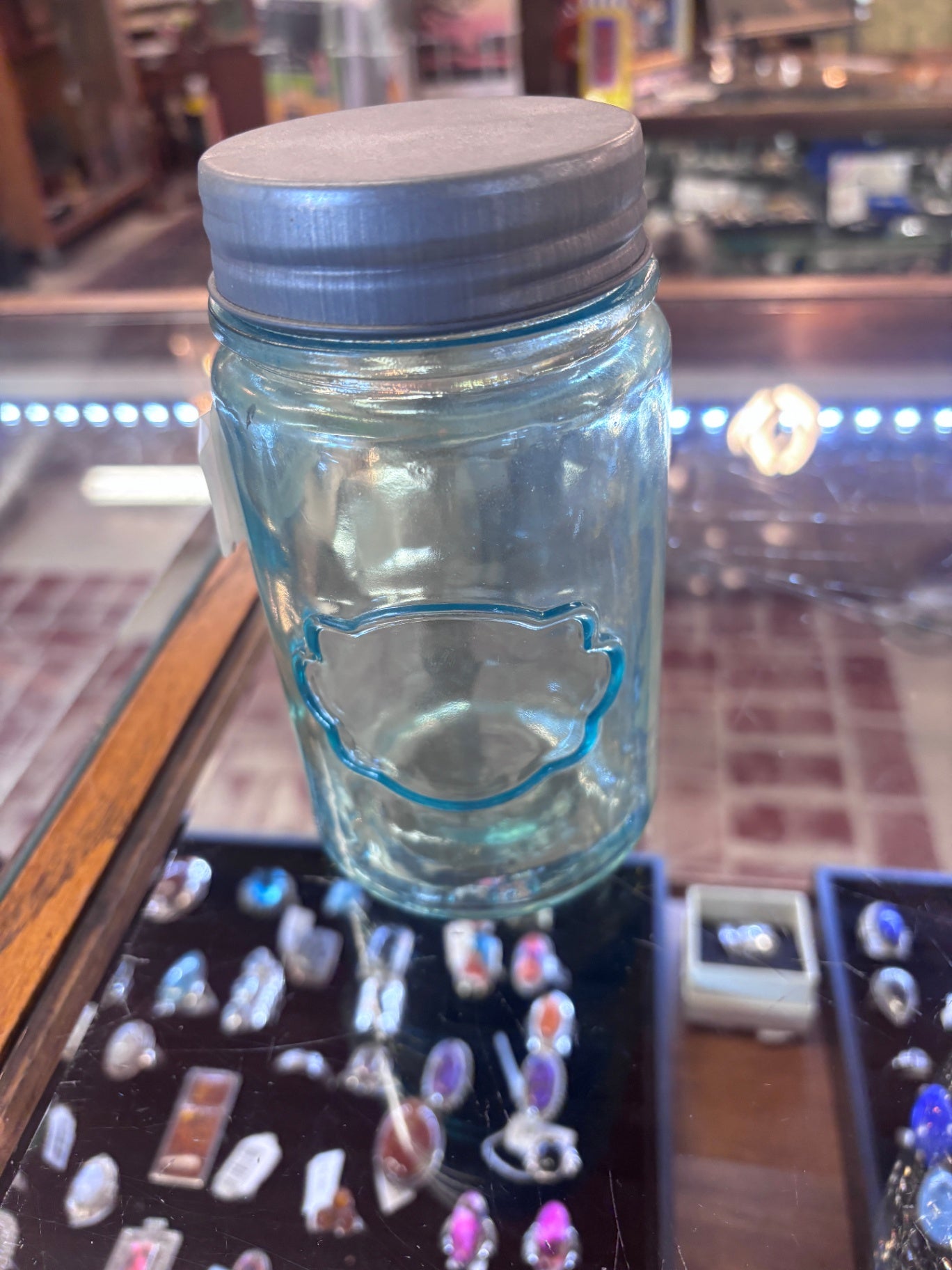  Vintage blue glass Mason jar,