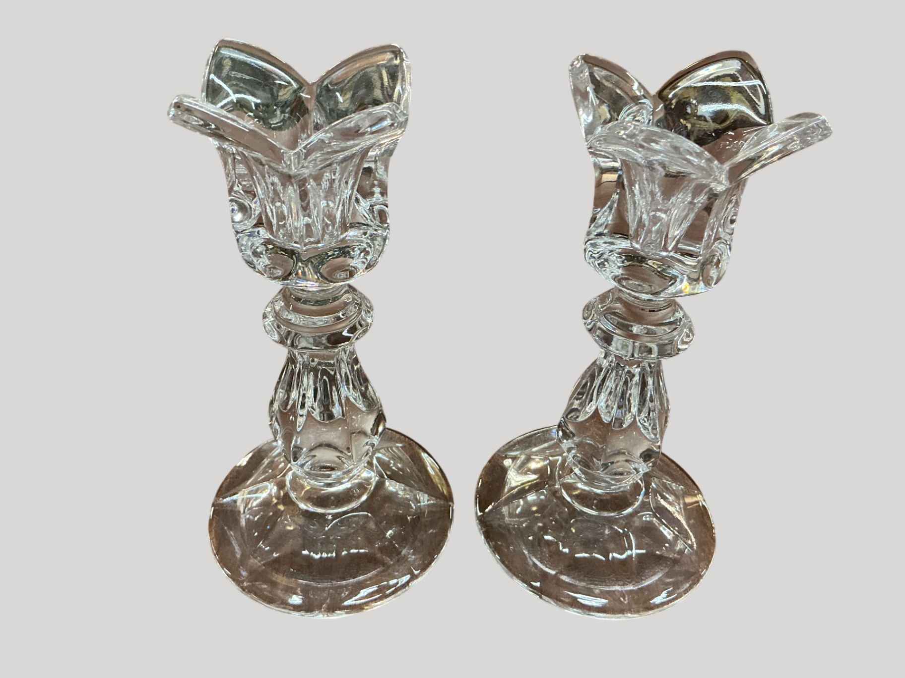 SET GORHAM VISCOUNT CRYSTAL CANDLE HOLDERS TULIP PATTERN 7 INCH 24% LEAD CRYSTAL