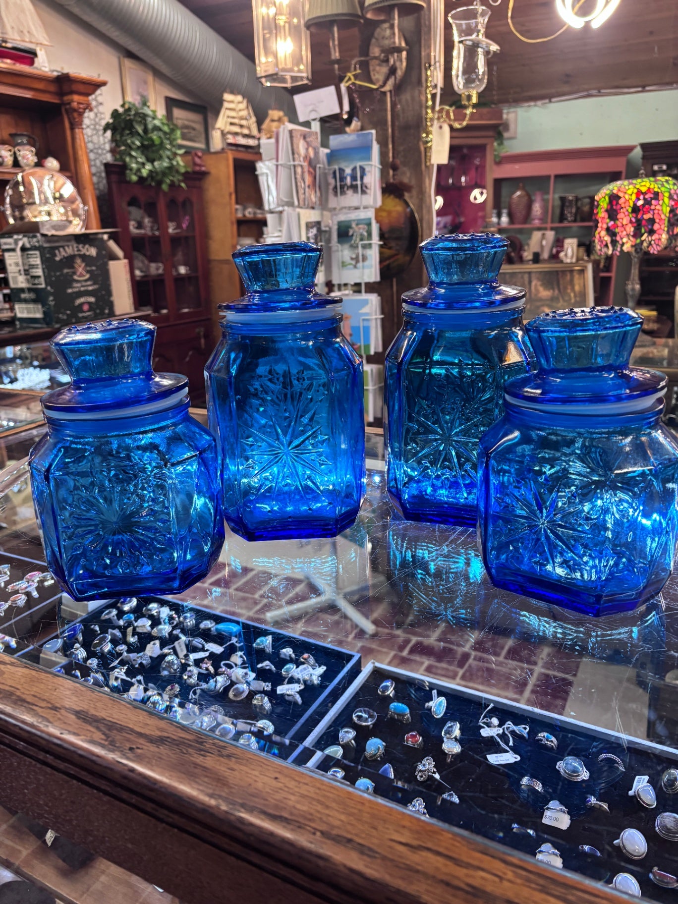 Vintage MCM Set (3) L.E. SMITH DAISY & BUTTON KITCHEN CANISTERS LIDS Blue Glass W