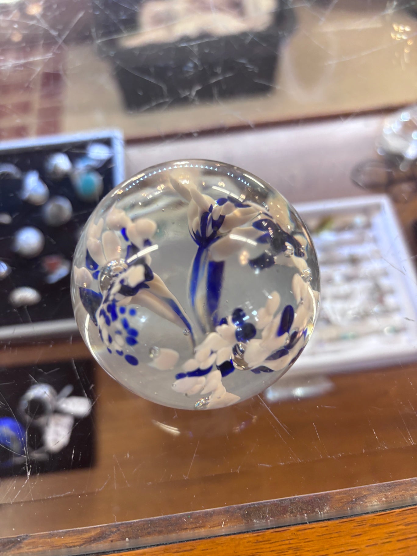 Vintage Blue And White Flower Glass Paperweight