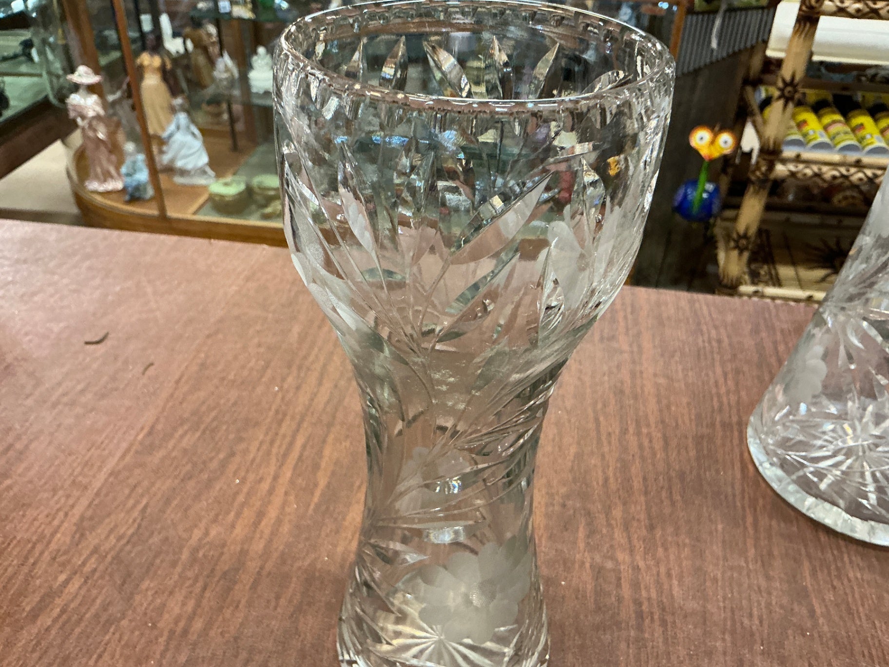 12" Tall American Brilliant Cut Glass ABP Corset Vase Etched Floral Art Deco